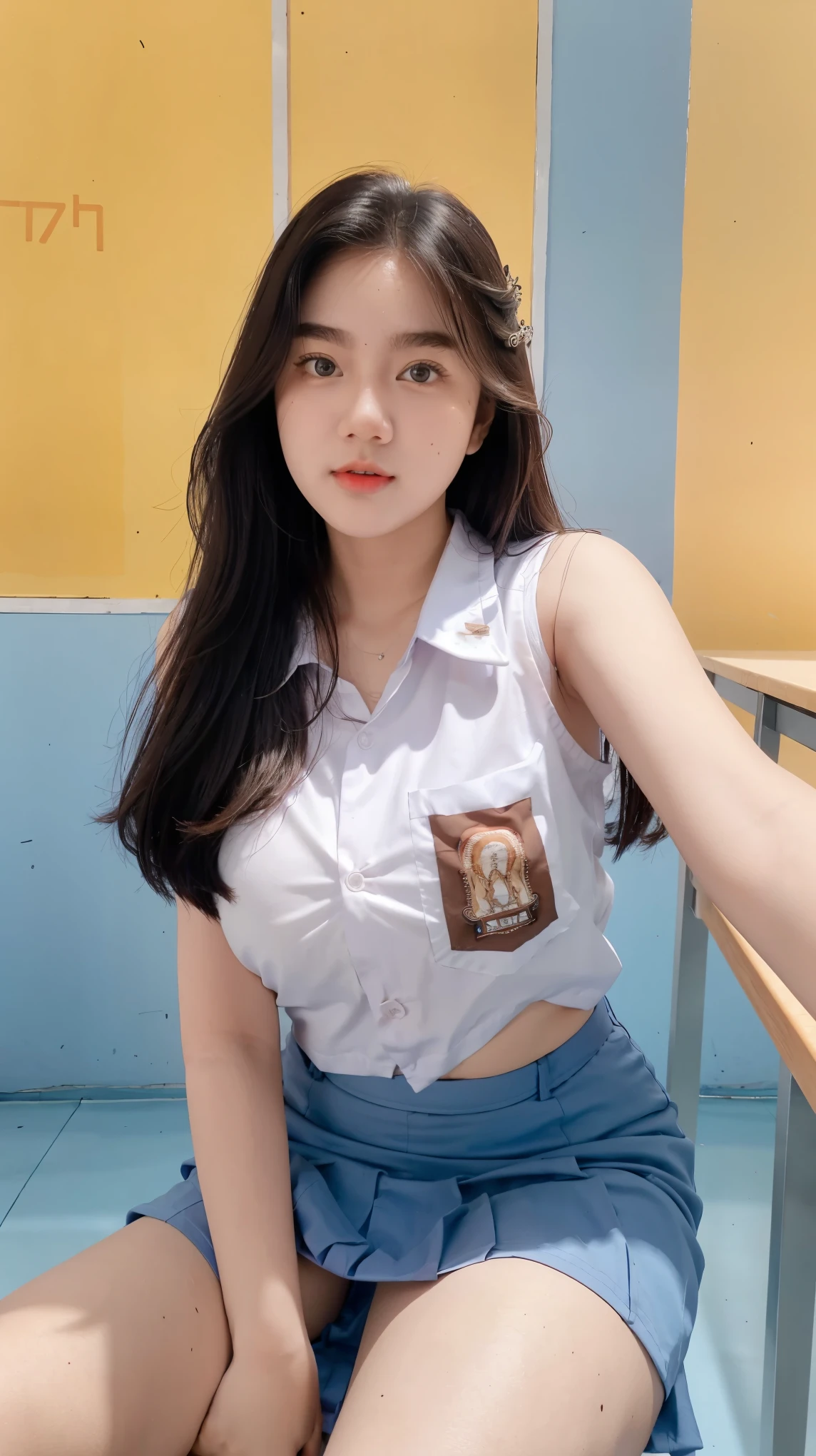 Beautiful 18 Years Old , Gigantic Colossal Breast , Cleavage , Sleeveless , ((Wearing High School Uniform)) , High School Skirt , Kayes , Indonesian Influencer , Sit On Table In Classroom , Modern Futuristic Classroom , Take Selfie , ((Face Focus)) , ((Centre:1.1)), ((Symetric Picture:1.1)) , Blonde Hair , Extremely Detailed