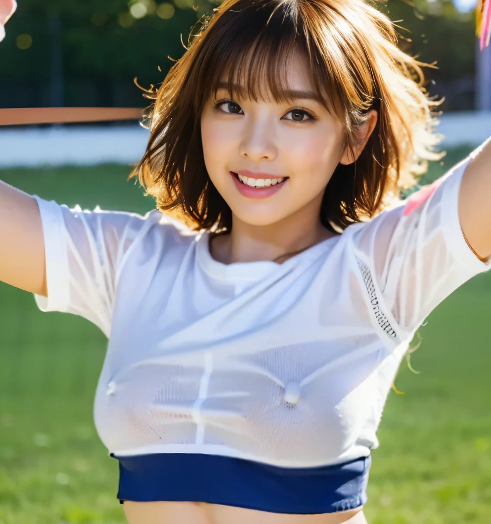 highest quality、8k、No makeup、masterpiece、Ultra-high resolution、Clear photos、Realistic、Professional Lighting、(very cute女の子、very cute!、Baby Face)、Cheerleader、smile、(Big Breasts、Large erect nipples)、Ultra slim、Tight waist、Slender body、Thin legs、Brown Hair、smile、Field、Under the blazing sun、(タイトなCheerleaderのユニホームを着て)、(mini skirt)、((Jump towards the camera:1.8)、(Jump High:1.8))、(with legs wide open,,)、(I flipped up my skirt)、(She gets excited and shows off her white lace panties)、(Full body photo:1.4、Shooting from below)