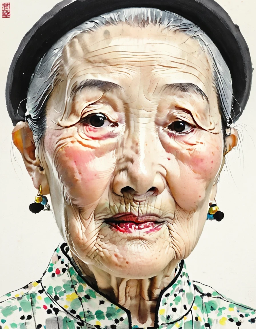 Close-Up of Face，Close-up of face，Chinese Granny, in style of Cecil Beaton，Studio Photography，Ultra HD，Ultra-high quality，Wu Guanzhong