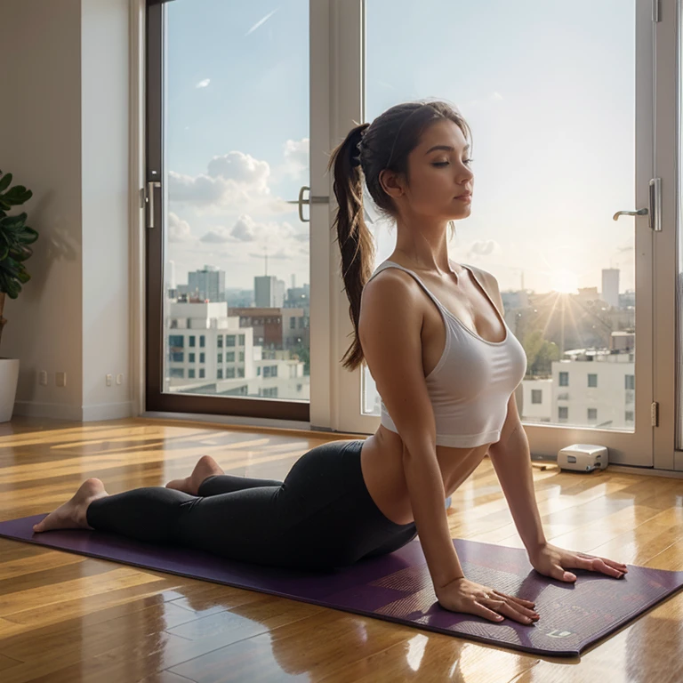 Woman doing yoga poses on a yoga mat in front of a window、Place your hands on the yoga mat、ponytail、Natural Light