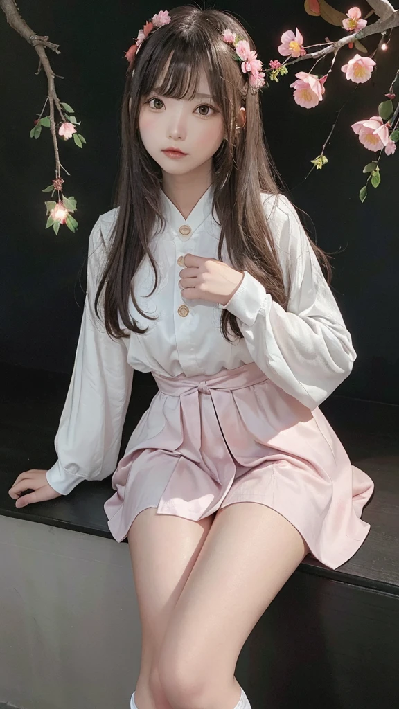 ,(masterpiece:1.2, high quality), (Pixiv:1.4),A colorful world,
One girl, flower, Long Hair, alone, Red eyes, butterfly, Gray Hair, bug, bird, hair ornaments, Wide sleeves, skirt, socks, white socks, whole body, or, very Long Hair, hair flower, Holding, chest, blue skirt, Long sleeve, kimono, bangs, Black background, branch, wood, pink flower, red flower,night,Backlight,
