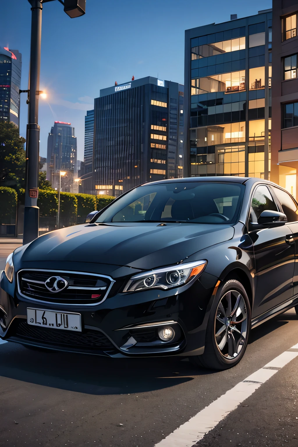 Parked car, black car, buildings, dusk, evening, daytime, side of car, close up, car side