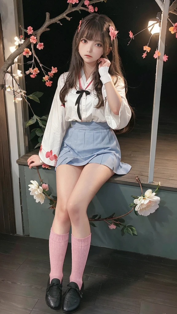 ,(masterpiece:1.2, high quality), (Pixiv:1.4),A colorful world,
One girl, flower, Long Hair, alone, Red eyes, butterfly, Gray Hair, bug, bird, hair ornaments, Wide sleeves, skirt, socks, white socks, whole body, or, very Long Hair, hair flower, Holding, chest, blue skirt, Long sleeve, kimono, bangs, Black background, branch, wood, pink flower, red flower,night,Backlight,