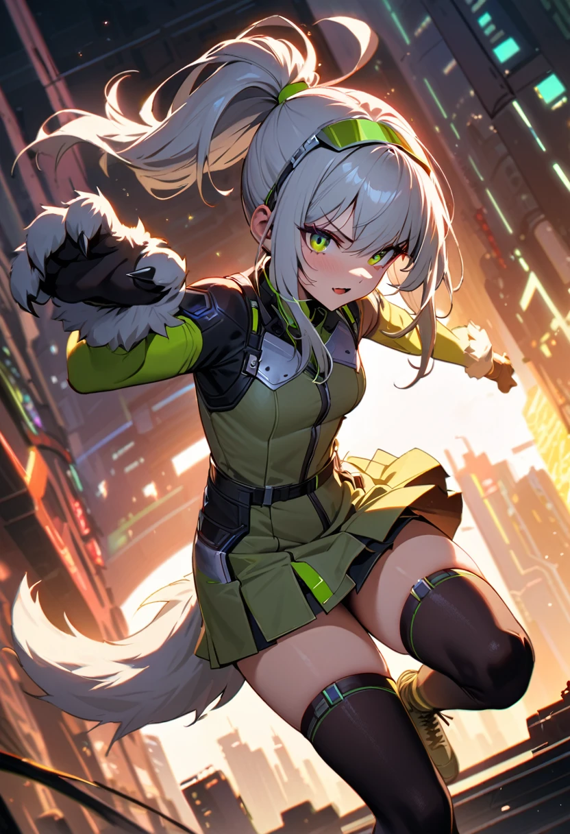 (masterpiece, best quality:1.1), (ultra highres, ultra-detailed:1.2) ,girl,17yo,cute,war cry,silver hair,ponytail,wolf's ear,sun visor,wolf hand groves,white and khaki onepiece,mini skirt,wolf tail,knee high socks,khaki platform boots,in cyberpunk metropolis, intricate details, depth of field,beautiful lighting, volumetric lighting, dynamic pose,