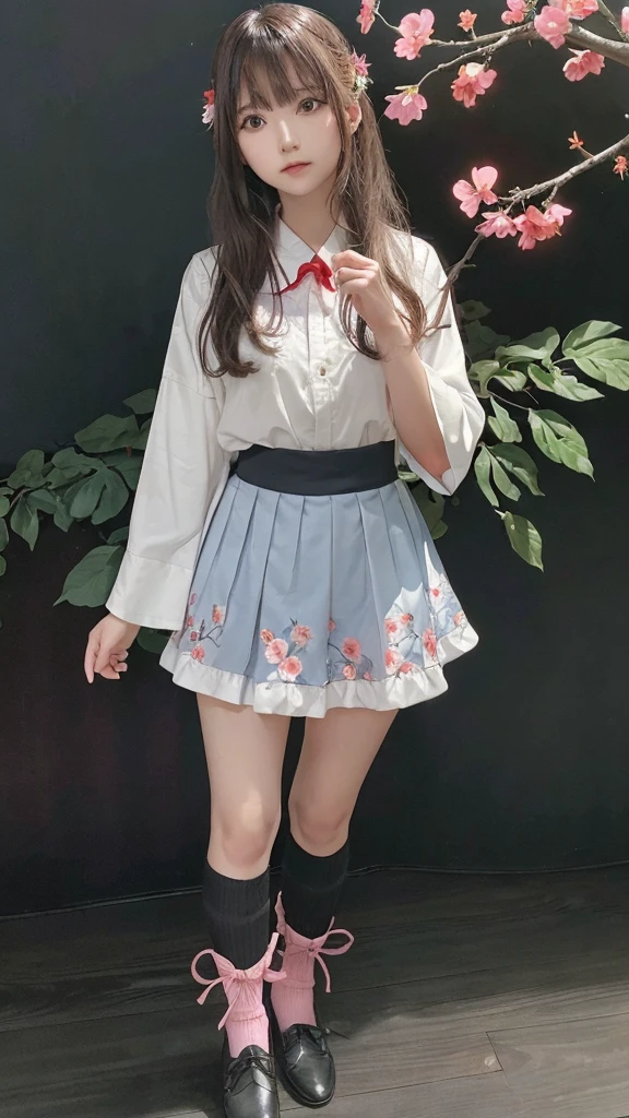 ,(masterpiece:1.2, high quality), (Pixiv:1.4),A colorful world,
One girl, flower, Long Hair, alone, Red eyes, butterfly, Gray Hair, bug, bird, hair ornaments, Wide sleeves, skirt, socks, white socks, whole body, or, very Long Hair, hair flower, Holding, chest, blue skirt, Long sleeve, kimono, bangs, Black background, branch, wood, pink flower, red flower,night,Backlight,