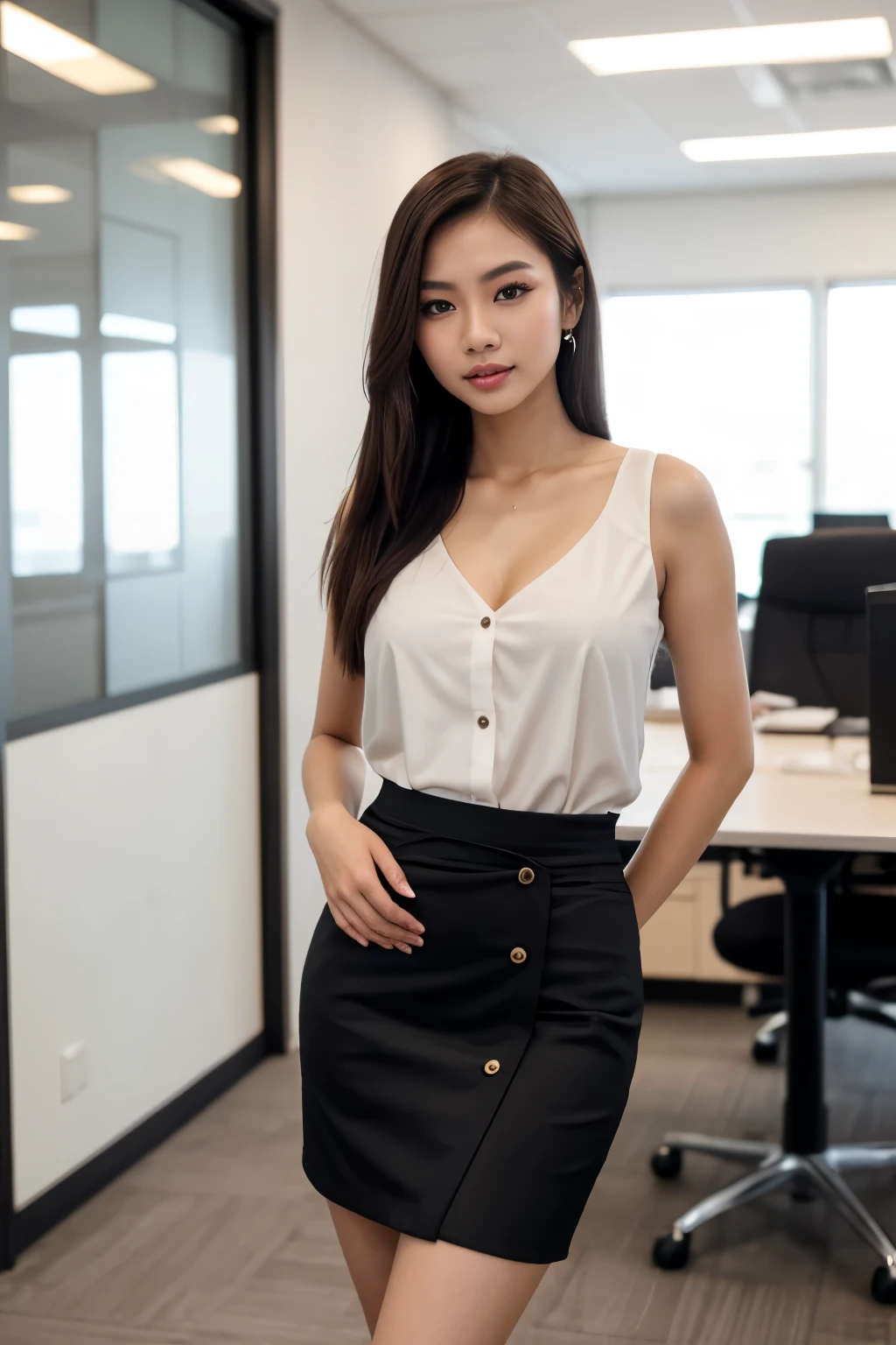 Thai female super model, porcelain skinned, 3/4 photo, natural light, skinny, thin, slim, lean, slender, nubile, posing for picture, straight hair, natural lighting thin waist, thin hips, (huge lips), in a office, melanin, looking at viewer, young, youthful, busty, female suit, skirt, blouse