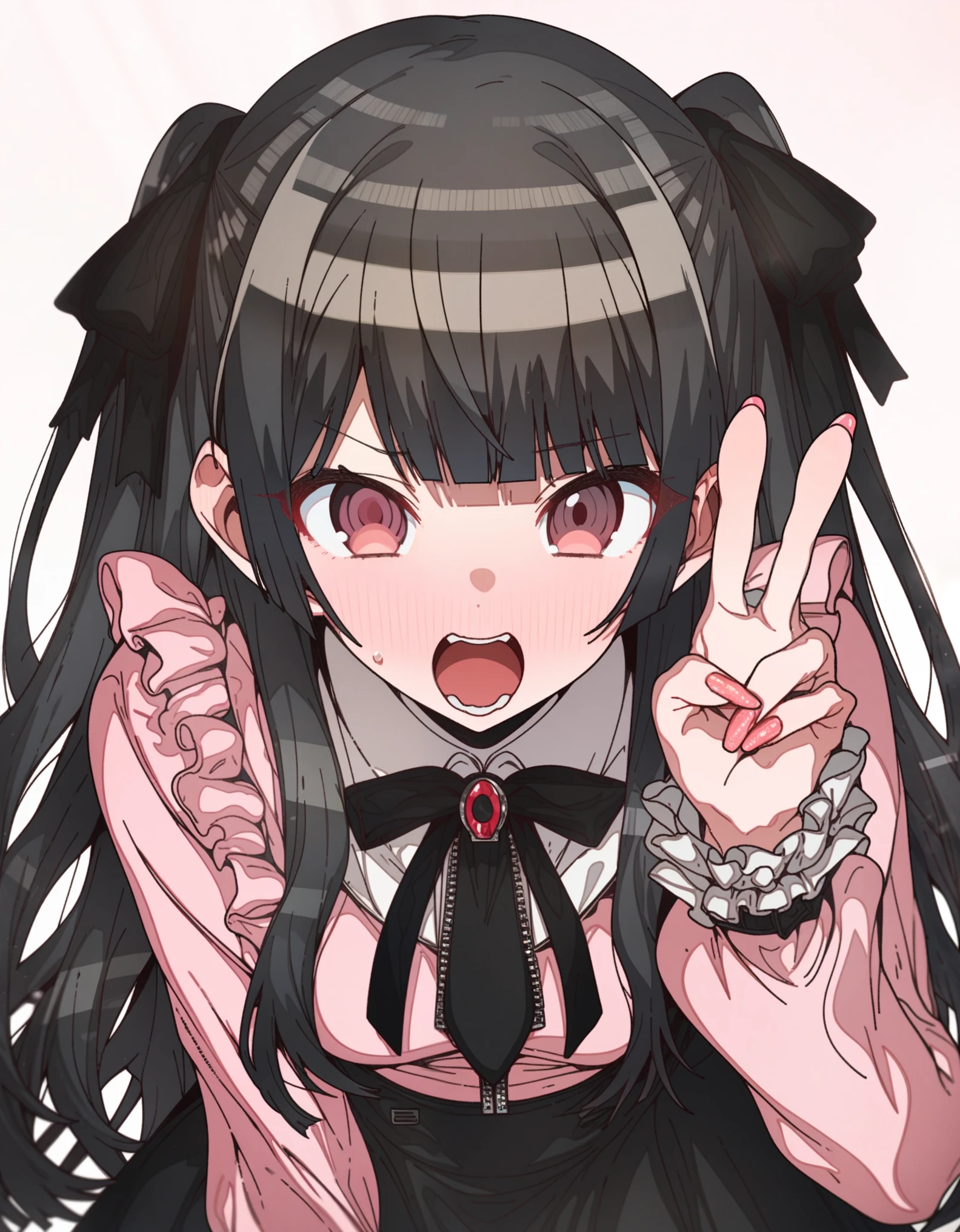 Artist, erere, Copyrights, idolmaster, idolmaster_shiny_colors, Character, mayuzumi_fuyuko, General, 1girl, black_hair, black_necktie, black_ribbon, black_skirt, blunt_bangs, blush, breasts, v, brown_eyes, censored, frilled_sleeves, frills, jirai_kei, long_hair, long_sleeves, medium_breasts, miniskirt, neck_ribbon, necktie, open_mouth, pink_nails, pink_shirt, raised_eyebrow, ribbon, shirt, skirt, sweatdrop, teeth, two_side_up, upper_teeth_only, zipper_skirt, full_body, standing, white_backgroud, looking_at_viewer, facing_viewer, masterpiece, best_quality, great_quality, girl,