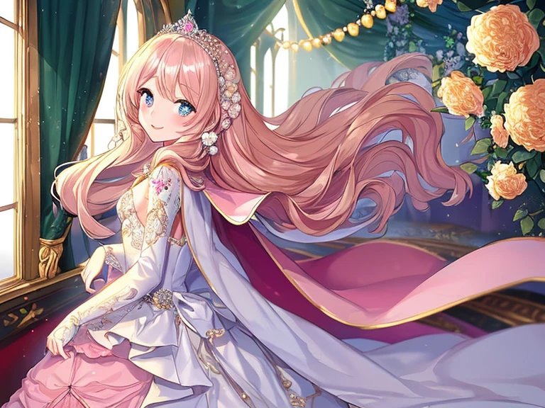 (kawaii),(best quality),(ultra detailed),(rococo style),(long train pastel pink cape:1.15), very long cape,(long train white ball gown with flower decorations:1.1), a girl is wearing a cape over her gown, 1 little princess, tiara, smile, very long hair, small breasts, beautiful detailed eyes, beautiful detailed lips, looking at viewer