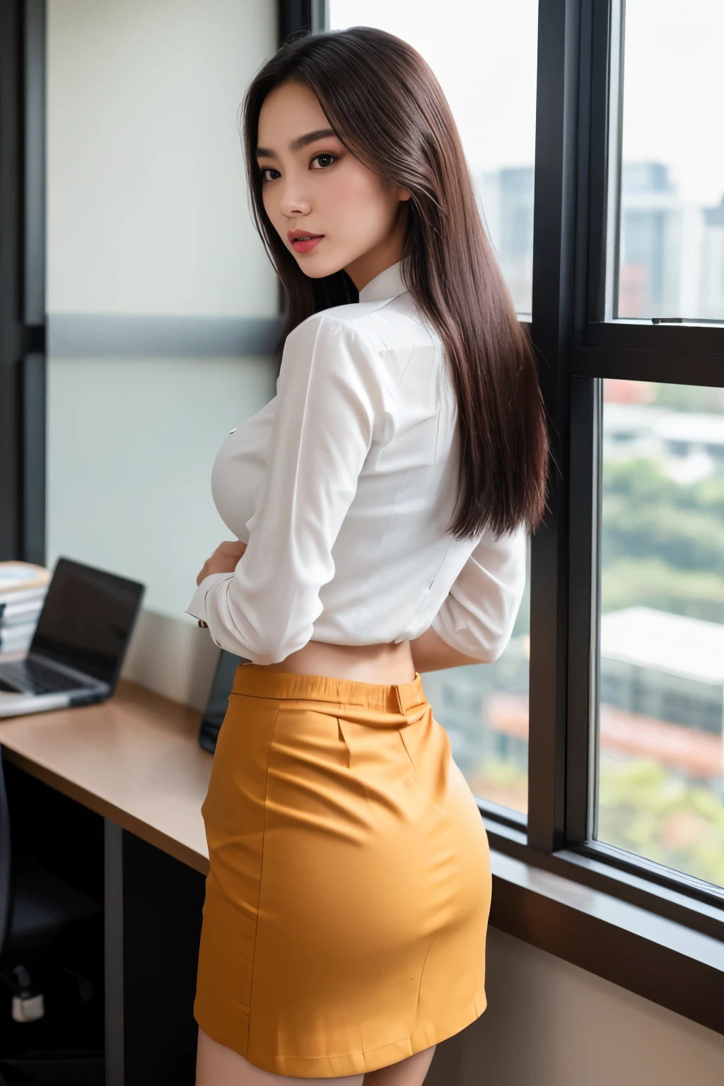 Thai female super model, porcelain skinned, 3/4 photo, natural light, skinny, thin, slim, lean, slender, nubile, posing for picture, straight hair, natural lighting thin waist, thin hips, (huge lips), in a office, melanin, looking at viewer, young, youthful, busty, female suit, skirt, blouse