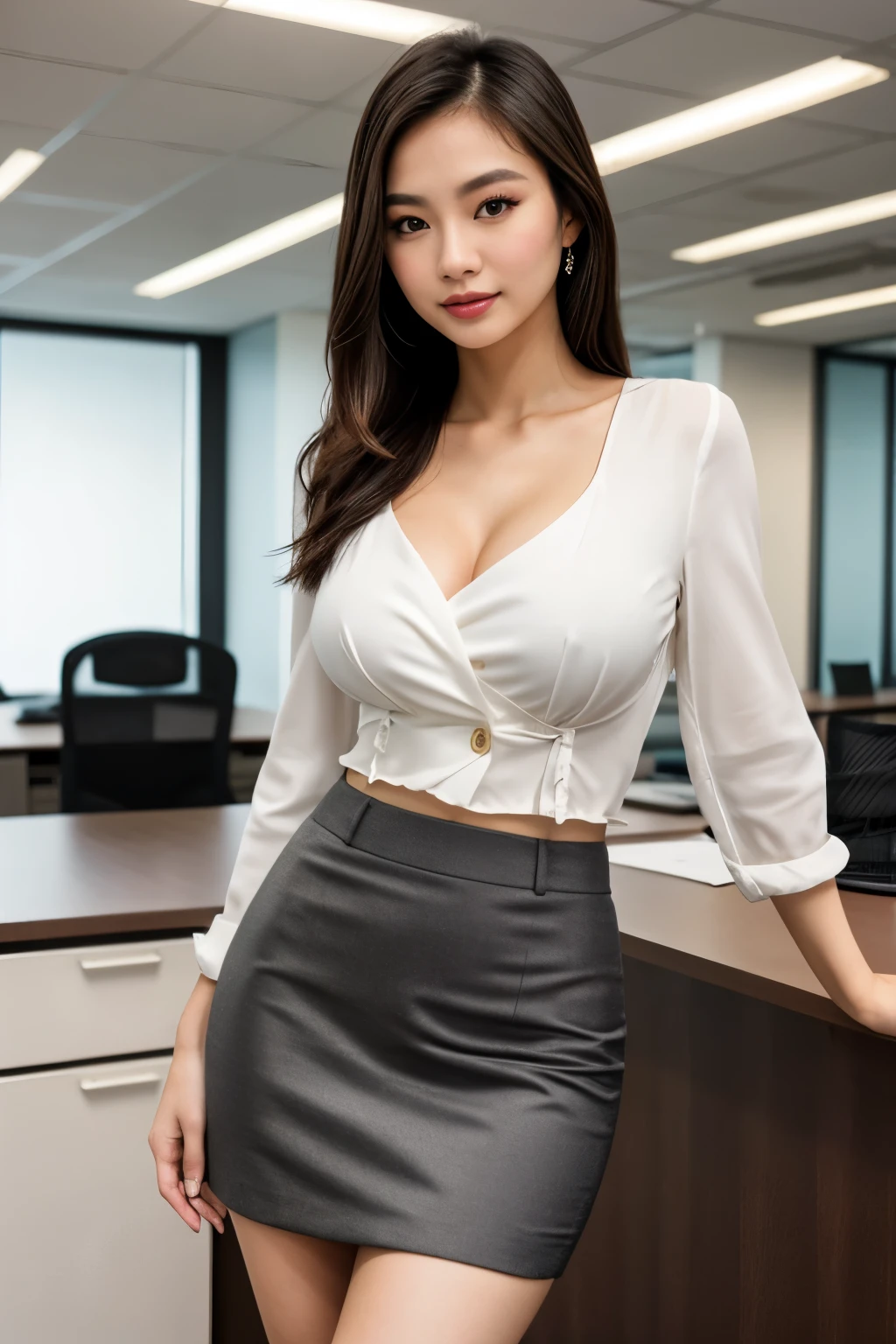Thai female super model, porcelain skinned, 3/4 photo, natural light, skinny, thin, slim, lean, slender, nubile, posing for picture, straight hair, natural lighting thin waist, thin hips, (huge lips), in a office, melanin, looking at viewer, young, youthful, busty, female suit, skirt, blouse