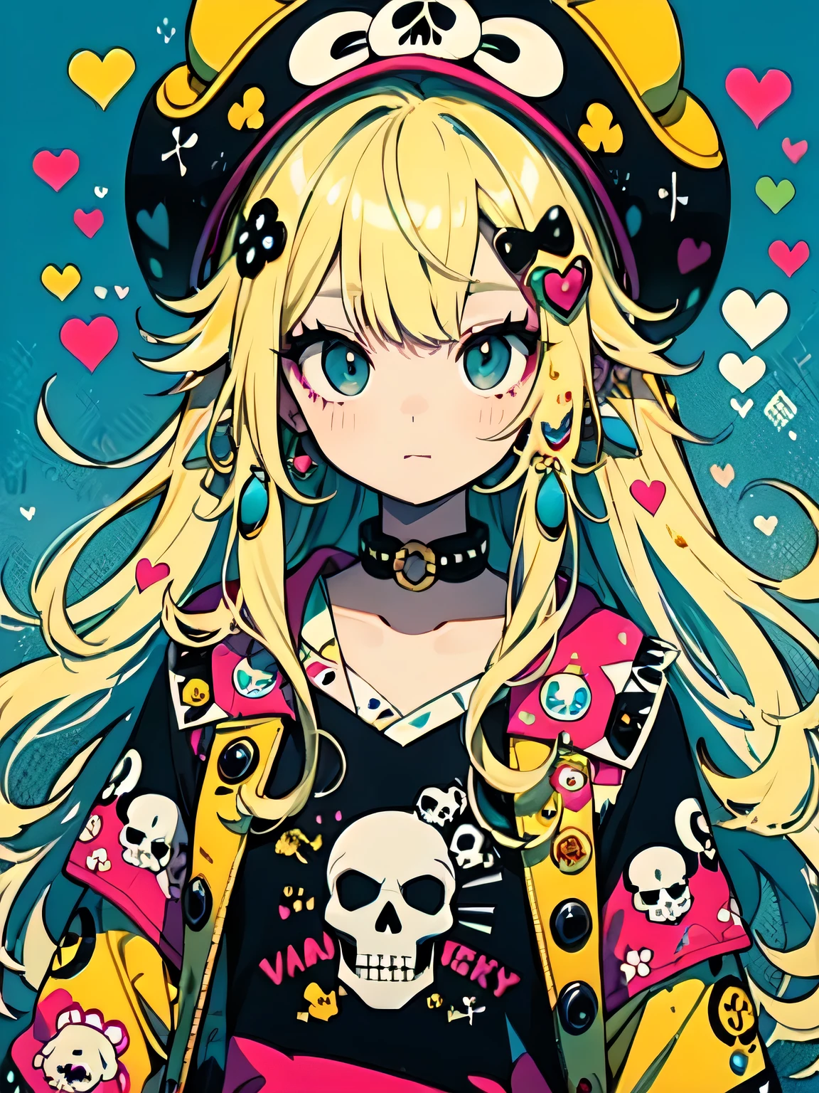 Takashi Murakami style、"cute, beautiful, Adorable girl wearing pink clothes, yellow, and baby blue color scheme. She is wearing a costume with a SKULL motif inspired by a female pirate.。.。.。.... stylish hat, Rock、Comes with decorative accessories such as hair clips. Embodying the vibrant and modern Harajuku fashion style。."