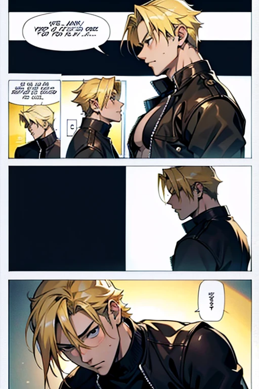 Anime guy with blonde hair thinking about his crush, erotic scenes, manga page with panels and dialogue