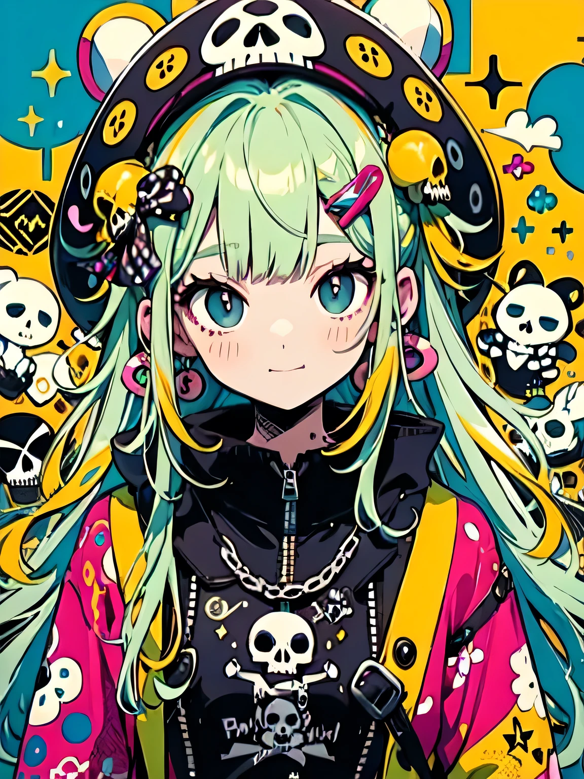 Takashi Murakami style、"cute, beautiful, Adorable girl wearing pink clothes, yellow, and baby blue color scheme. She is wearing a costume with a SKULL motif inspired by a female pirate.。.。.。.... stylish hat, Rock、Comes with decorative accessories such as hair clips. Embodying the vibrant and modern Harajuku fashion style。."