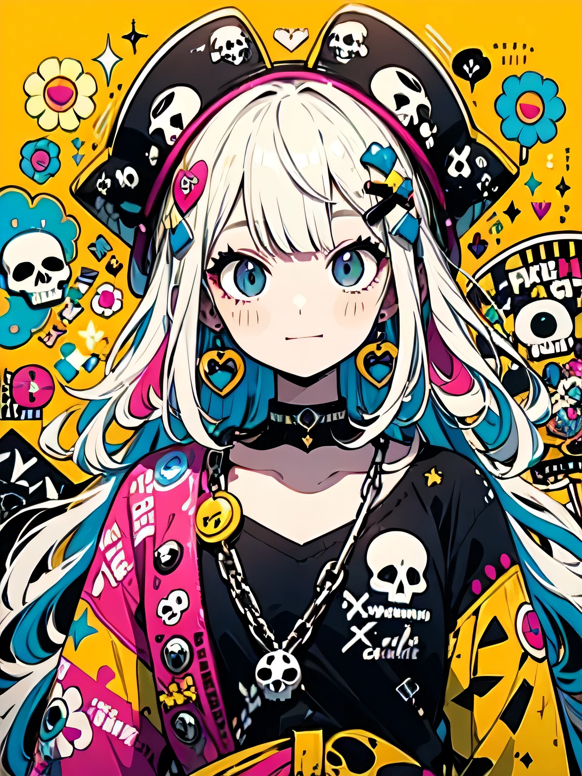 Takashi Murakami style、"cute, beautiful, Adorable girl wearing pink clothes, yellow, and baby blue color scheme. She is wearing a costume with a SKULL motif inspired by a female pirate.。.。.。.... stylish hat, Rock、Comes with decorative accessories such as hair clips. Embodying the vibrant and modern Harajuku fashion style。."
