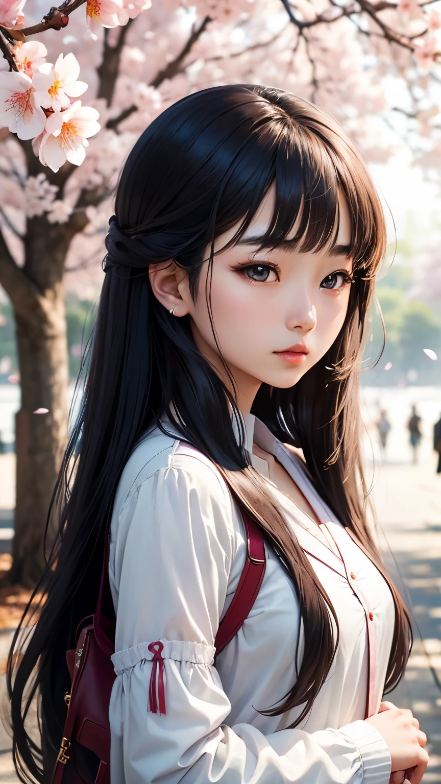 Korean Girl, Age 18, Long Hair, Cherry Blossom:
A captivating 18-year-old Korean girl with a cascade of long, shiny silken hair stands against a backdrop of blooming cherry blossoms. Her delicate features, adorned with a splash of vivid lipstick, exemplify youthful grace. Despite the serene setting, a sense of mystery lingers, as if the secrets of the falling petals are reflected in her enigmatic eyes.