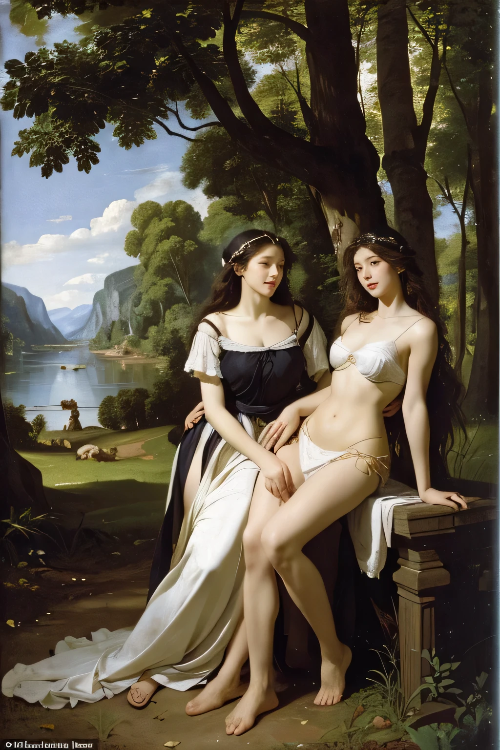 Giorgione painting style,Barbizon forest A beautiful woman in Greek dress smiles on the shore,Sweet and seductive appearance.、Caravaggio's paintings、Chiaroscuro of Caravaggio、hair tousled by the wind,Two women frolicking,cute smile, expression of ecstasy,Sexy,erotic, full body portrait