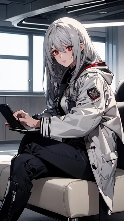 (Confused, High resolution, Very detailed), 1 female, Silver Hair,Red Eyes,Long Hair,Navy and white pilot suit,Hooded coat,Black trousers,Medium Boots,24th generation,beauty,mature,thin,quiet,Calm,,Sitting cross-legged,conference room,sofa,Work with your tablet