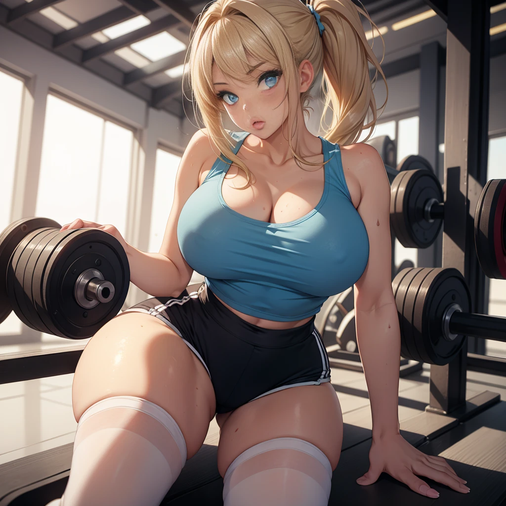 solo girl ((alone)), hair in a pony tail, blonde hair, blue eyes, , Hair Flower, , , Big eyes, tank top, shorts, white thigh-highs, embarrassed, b1mb0, detailed skin skin blemish in the gym