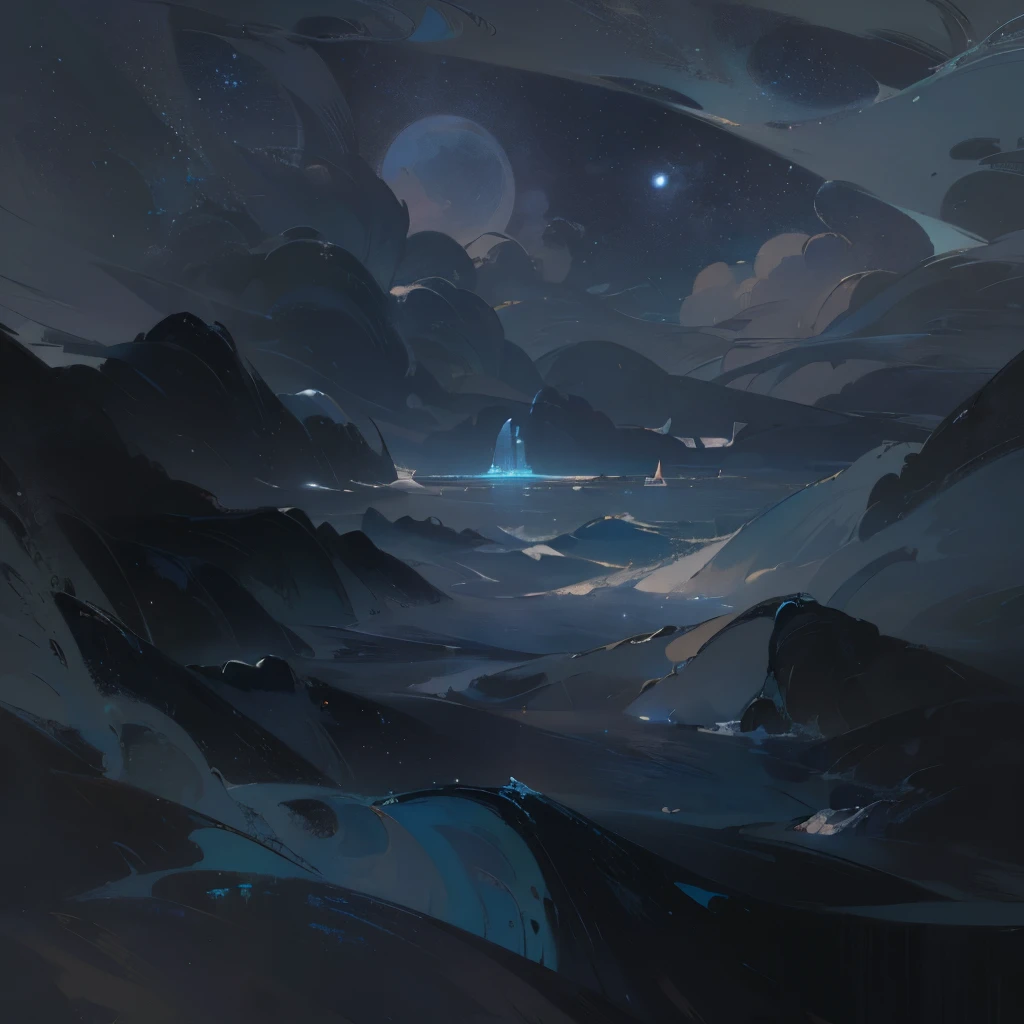 (best quality,4k,8k,high res,masterpiece:1.2), ((masterpiece)), (((best quality))), background, scenery, ethereal artwork, mesmerizing artwork, moon and stars and clouds together in an ethereal composition, shades of night sky's color slightly muted colors, Illustration, environment change, clouds, flowy, starry, sea, ocean, celestial, muted blue hair, sky-like sea with stars, ocean, night sky, abyss theme, (ethereal scenery), ethereal, soft, comforting aura, tiny blue stars everywhere, 2d painting, ethereal painting