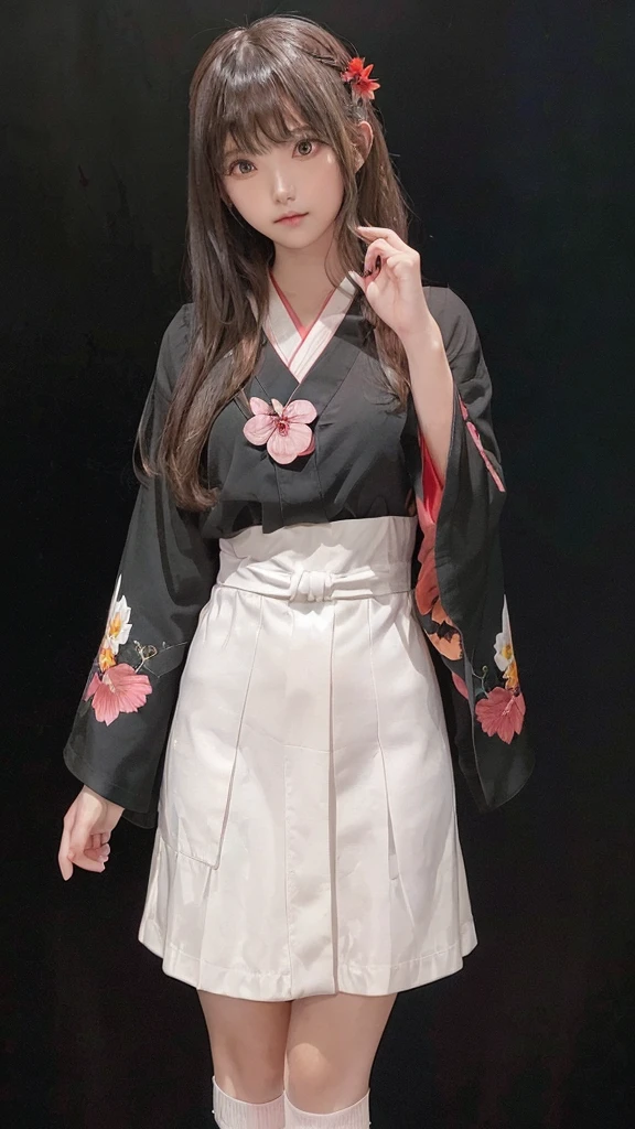 ,(masterpiece:1.2, high quality), (Pixiv:1.4),A colorful world,
One girl, flower, Long Hair, alone,  butterfly, Gray Hair, bug, bird, hair ornaments, Wide sleeves, skirt, socks, white socks, whole body, or, very Long Hair, hair flower, Holding, chest, blue skirt, (((Long sleeve, kimono, bangs, Black Background ₎)),  (((wood, pink flower, red flower,night,Backlight₎))