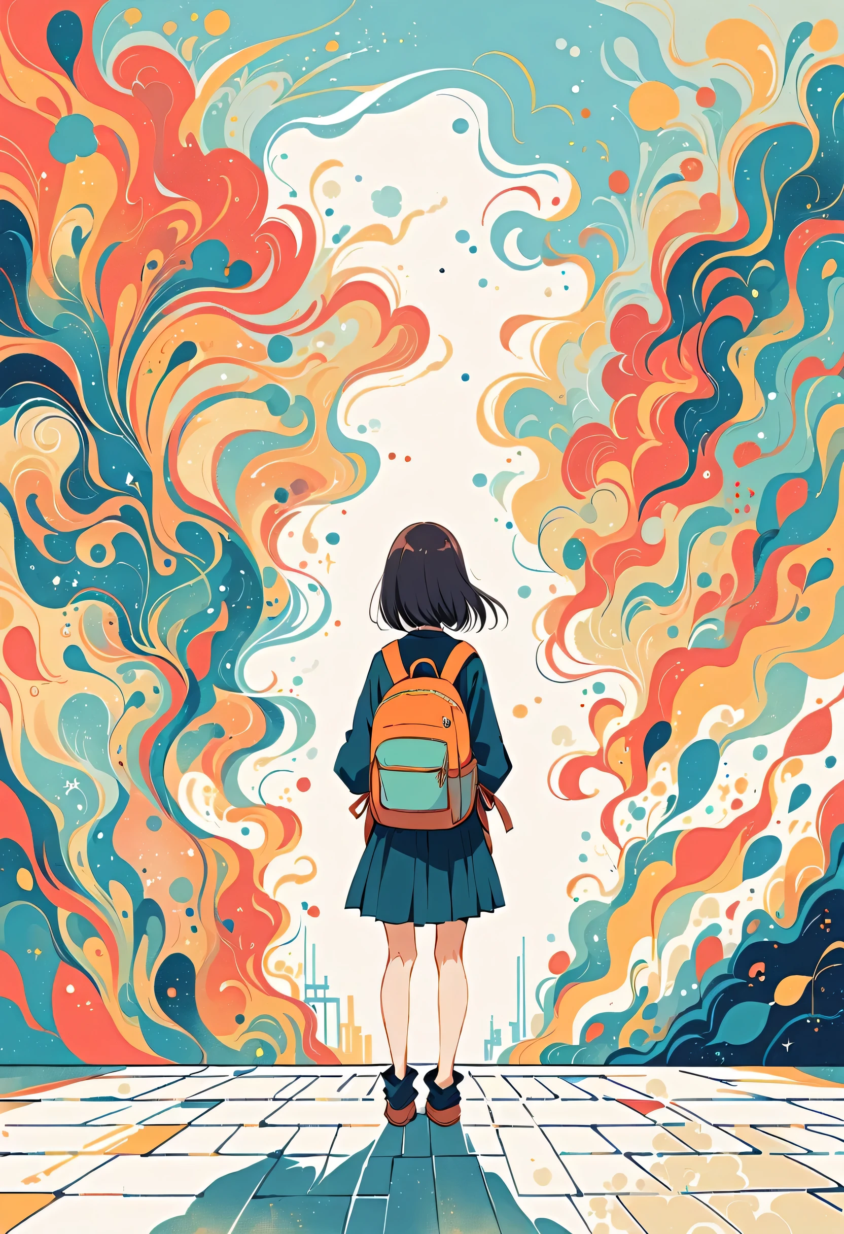 Fujichoco style, Standing in front of a high wall,Girl with backpack on rooftop,My backpack is full of happy spring,Simple Line Initialism,Abstract art,Urban Background, (((The most beautiful girl))),
