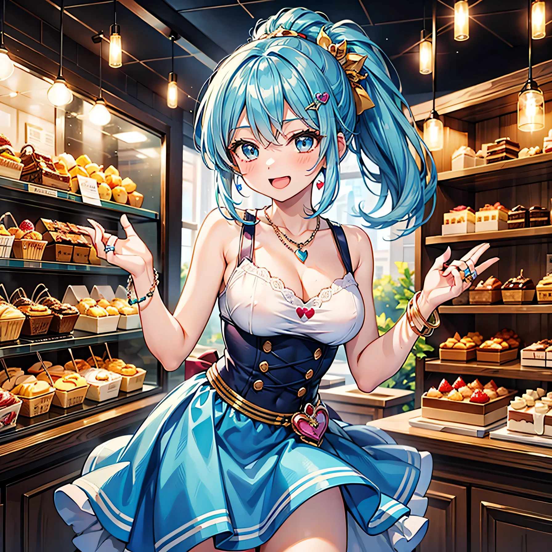 Anime Moe Art Style,highest quality,High resolution,Anatomically correct,One Girl,Mid-s,A girl with light blue hair in a ponytail,Super detailed,Fantasy World,Sleeveless blouse,flare skirt,Big Breasts,A rich expression,Laughing with your mouth open,Making a heart symbol with hands,Cake Shop,Eyes drawn in detail,hair ornaments,necklace,bracelet,ring,8K