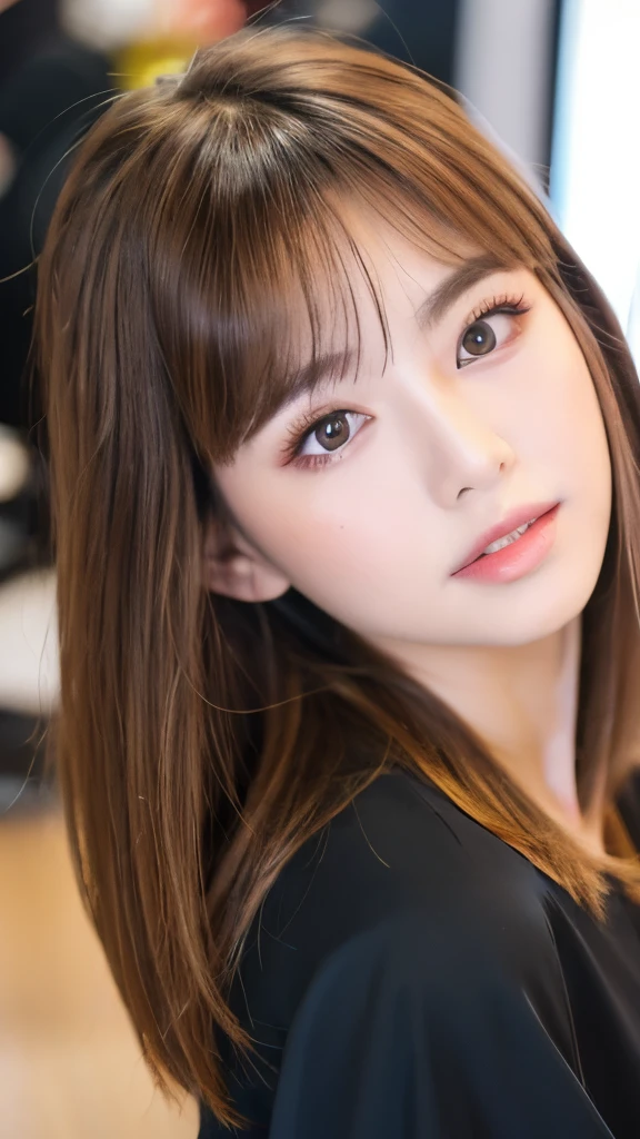 Best quality, 8k, ,Masterpiece :1.3)), facing viewer,((full body1.2)) ,pretty woman, wide shot ,1girl, , selfie , , Hair salon, brown hair , bangs,ultra-detailed face, highly detailed lips, detailed eyes, double eyelid
