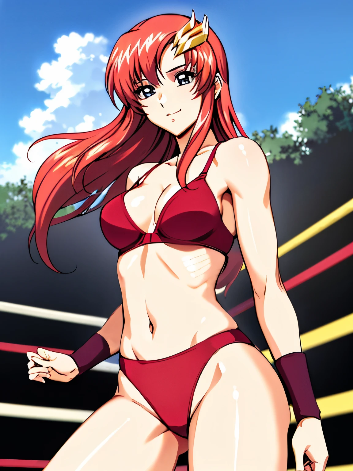 lacus4, (red bikini, running, thong, thin girl, masterpiece, cowboy shot, very slim shoulders, 4K, Best Quality, Anime style: 1.9, happy, Adult Woman, (ultra detailed head), (wrestling arena with crowd, cloud background), Drawing lines, high resolution, lacus4), 1girl, Solo, curvy figure, Long hair, clavicle, scapular, (Detailed wide hair bangs, Hair Ornament, Detailed reddish-pink hair, shiny streaks, slim arms, detailed golden crest), cleavage, large hands, (hair cover shoulders). (Big blue eyes, shiny eyes), ((female wrestler, (slim body), slim arms, closed fists, thighs)), ((perfect proportions, medium-small breasts, medium thighs, long belly)), ((totally red bra)), smile with a wink, (standing, hot colors), detailed fingers, (bare shoulders)