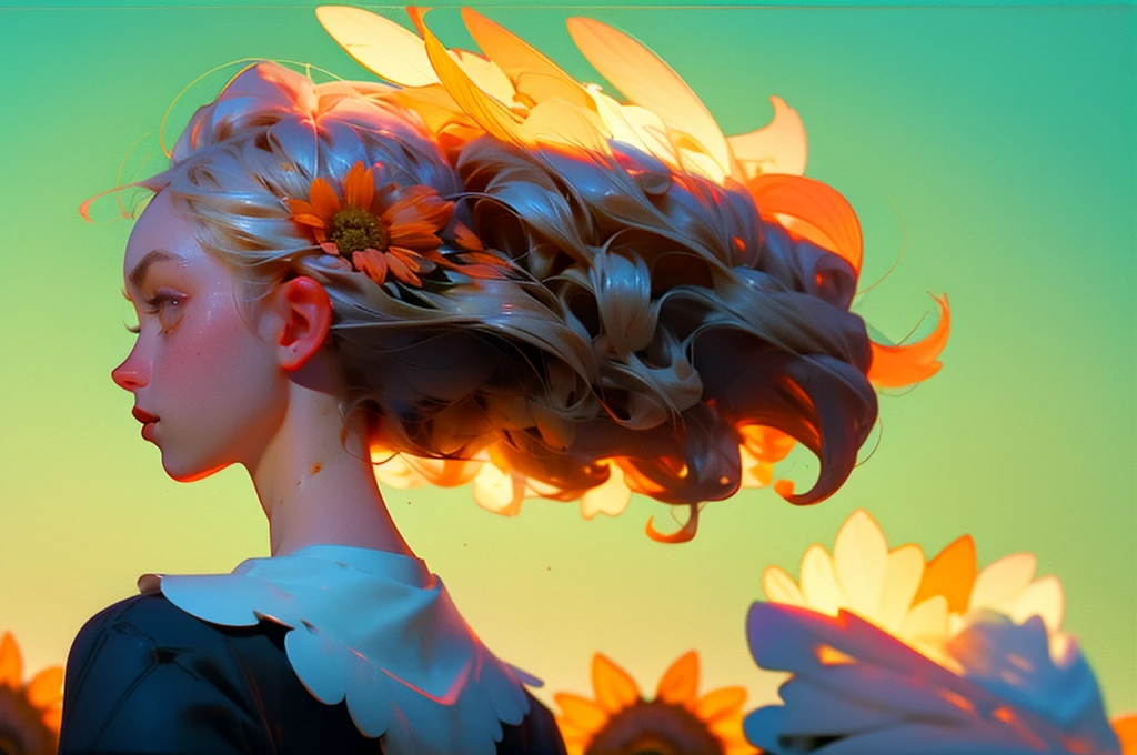 flower, profile, one piece, sunflower, 8K, highest quality, (Wide margins:1.2), (Girl:1.5), (masterpiece:1.1)