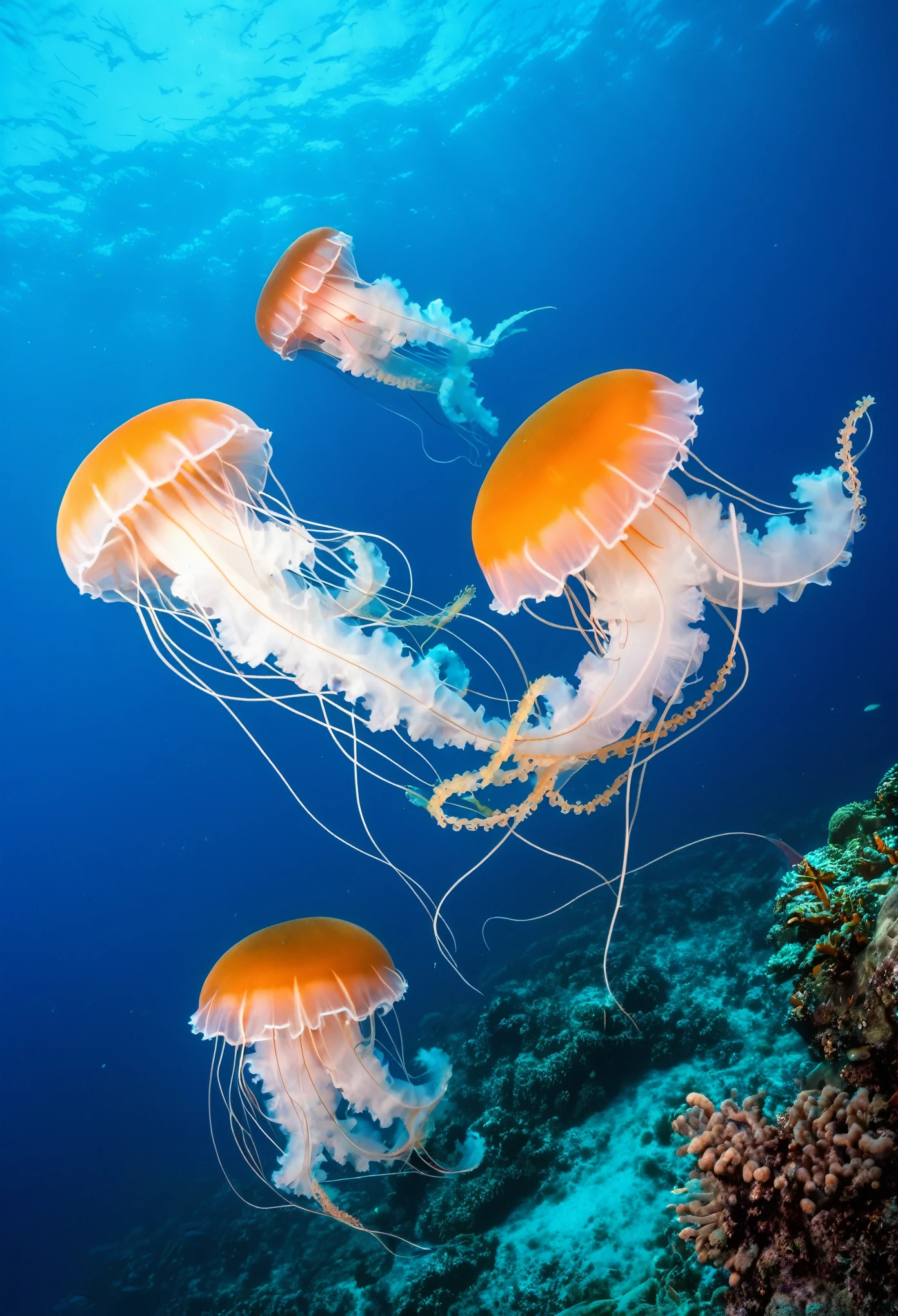 a group of white orange jellyfish with short pink oral arms and tentacles swimming among coral in blue sea, wide angle photo
