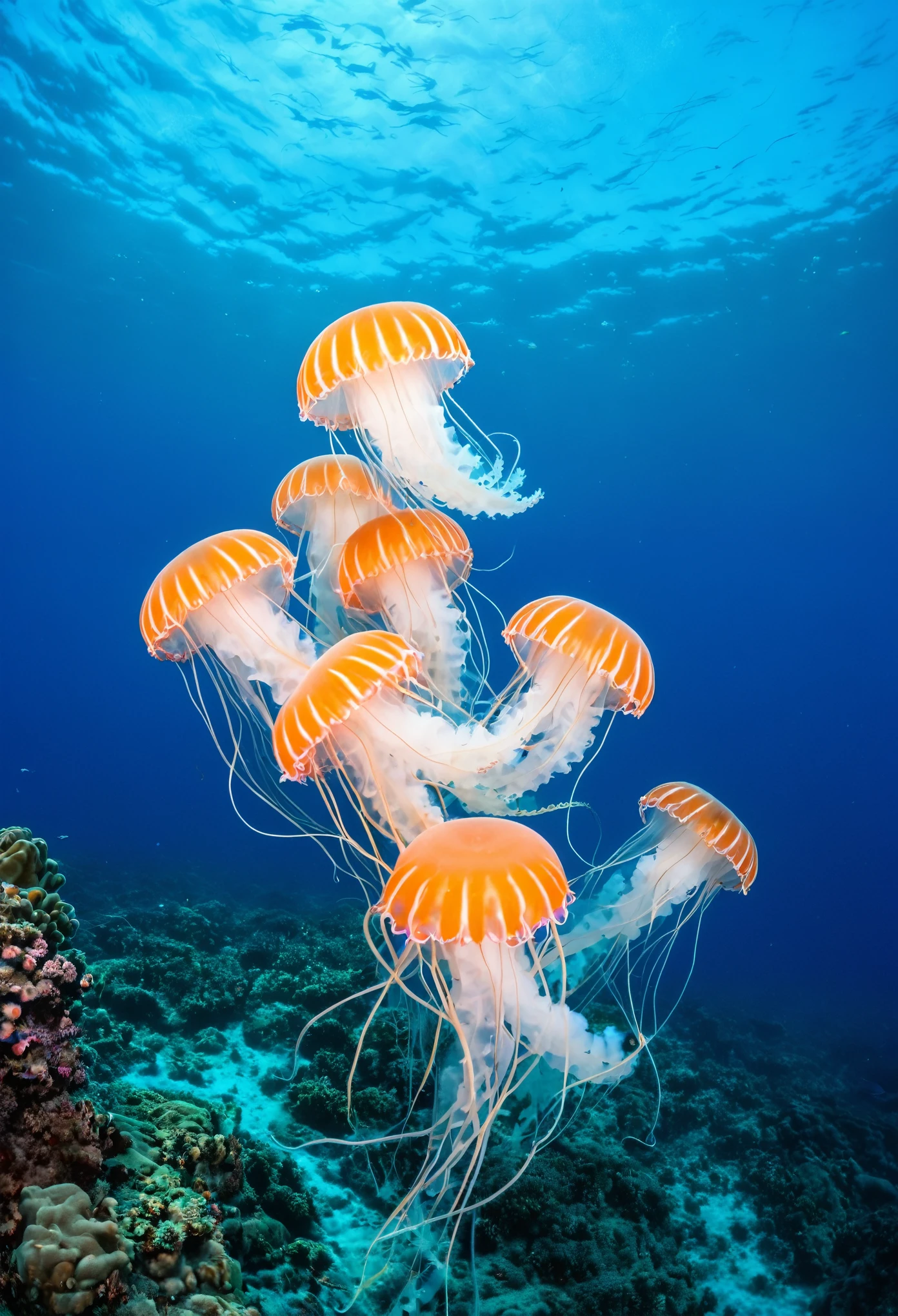 a group of white orange jellyfish with short pink oral arms and tentacles swimming among coral in blue sea, wide angle photo