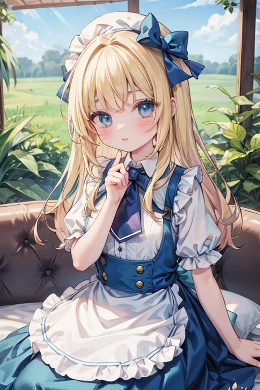 (Official Art、highest quality、unity 8k wallpaper、32k、masterpiece、Very detailed、超A high resolution)、Fantasy、((Alice in Wonderland))、1 female, ************、blonde、Long Hair、Blue colored eyes、Blue Apron Dress、Trump&#39;soldier、rabbit with a clock、Red Rose、White Rose、Gingerbread_House