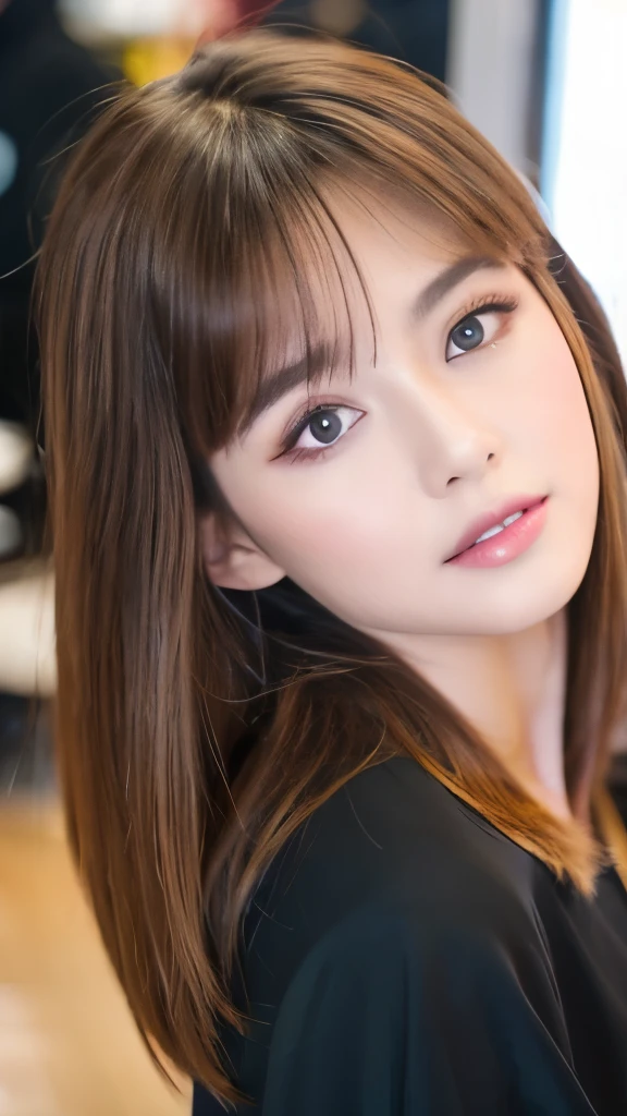 Best quality, 8k, ,Masterpiece :1.3)), facing viewer,((full body1.2)) ,pretty woman, wide shot ,1girl, , selfie , , Hair salon, brown hair , bangs,ultra-detailed face, highly detailed lips, detailed eyes, double eyelid
