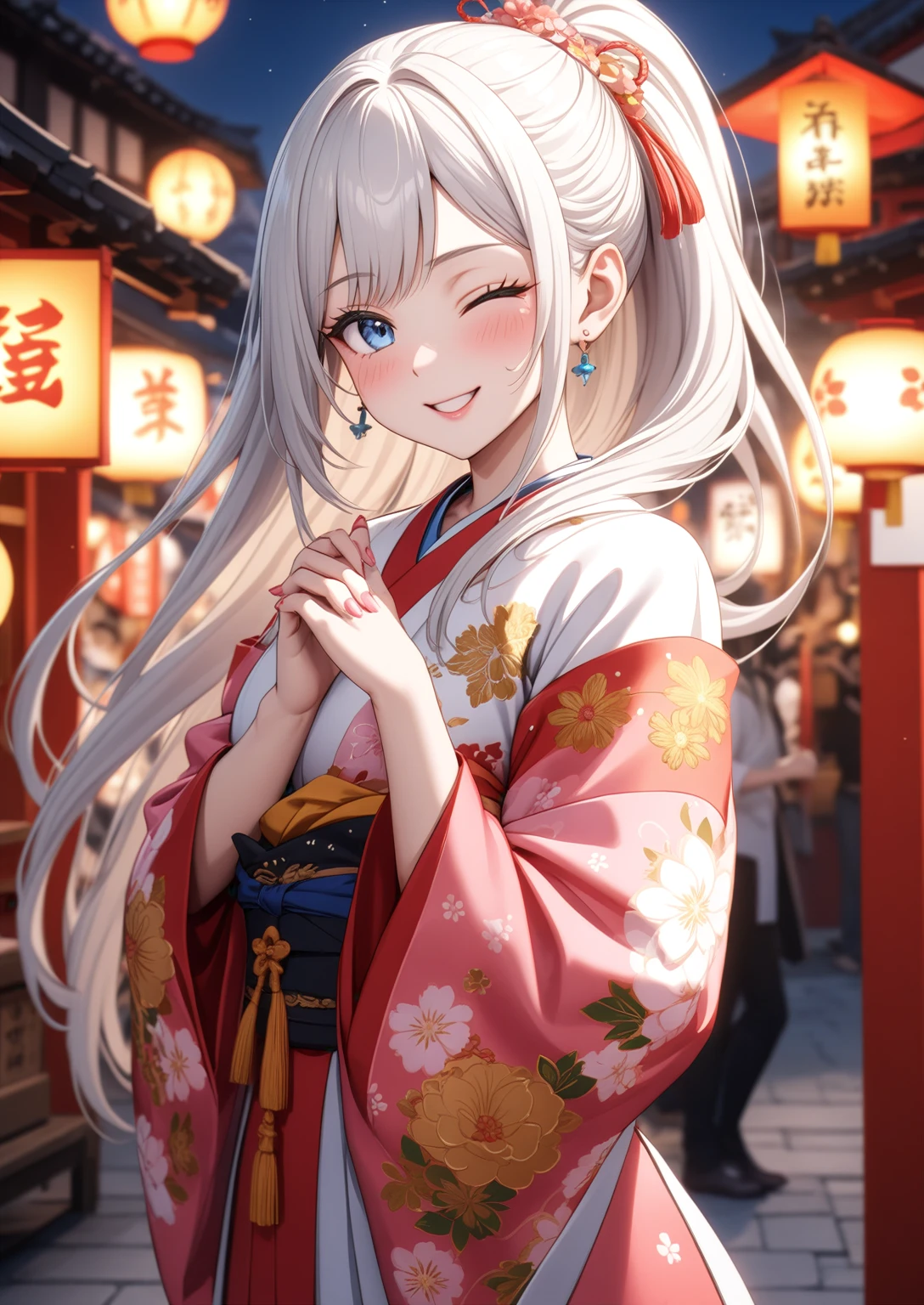 ((one personの女性)), Beautiful Face,Laugh shyly,((Wink:2.0)),Laughing with your mouth open,turn bright red,Glossy pink lips,night,Shrine festival stalls,((Anime style background)),masterpiece, highest quality, so beautiful, up to date, Complex details, (Pink long nails),AI-generated, Complex,High resolution, highest quality, super high quality,3D Images、Looking at the camera、3D Images,one person,Long white hair,High Ponytail,blue eyes,Anime woman posing for a photo, [[Fine grain、Colorful eyes、Shining Eyes:1.15]],(Squint your eyes:1.1),a hyperRealistic , hyperRealistic , Realistic,Long haired white haired anime woman, Smooth anime CG art, A woman in a colorful kimono with gold embroidery, (Black kimono),Red floral pattern,Long flower hair ornament,Big earrings,(Big Breasts:1.1),Mature Body,tall,Big Ass,Fine details,Tight waist,Abdominal muscles,(Face close-up:1.5),Tilt your face,Give a hand