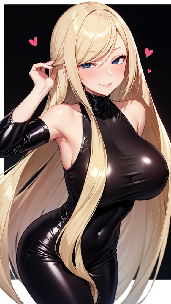 Erotic Lusamine, big breasts, black turtleneck sweater, black leggings, temptation, lust, seductive, sex, black background, lonely face, one hand on head, evil female executive, smiling, heart-shaped eyes