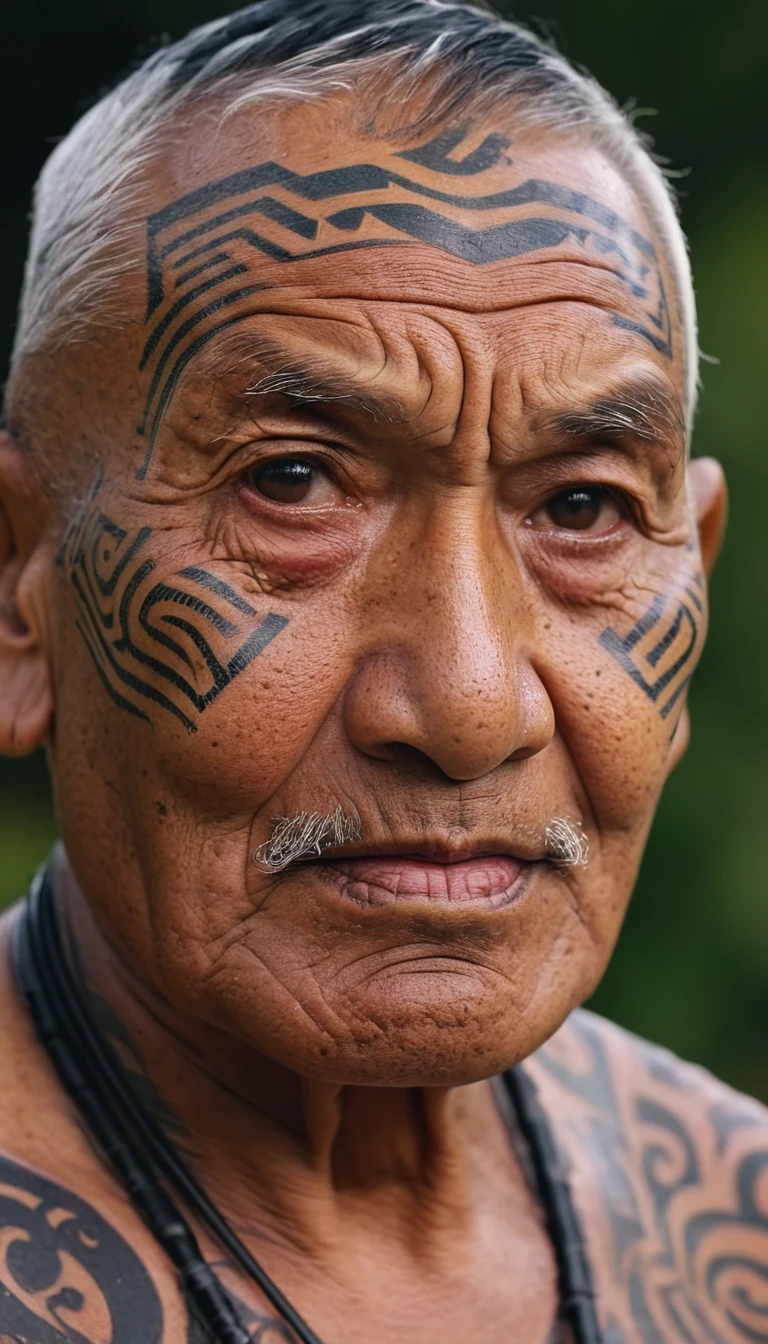 realistic photo, close-up of the face, lots of details, face of an elderly Maori with Maori facial tattoos, shallow depth of field, natural lighting, raw photo, film grain, 8k, uhd, vivid colors