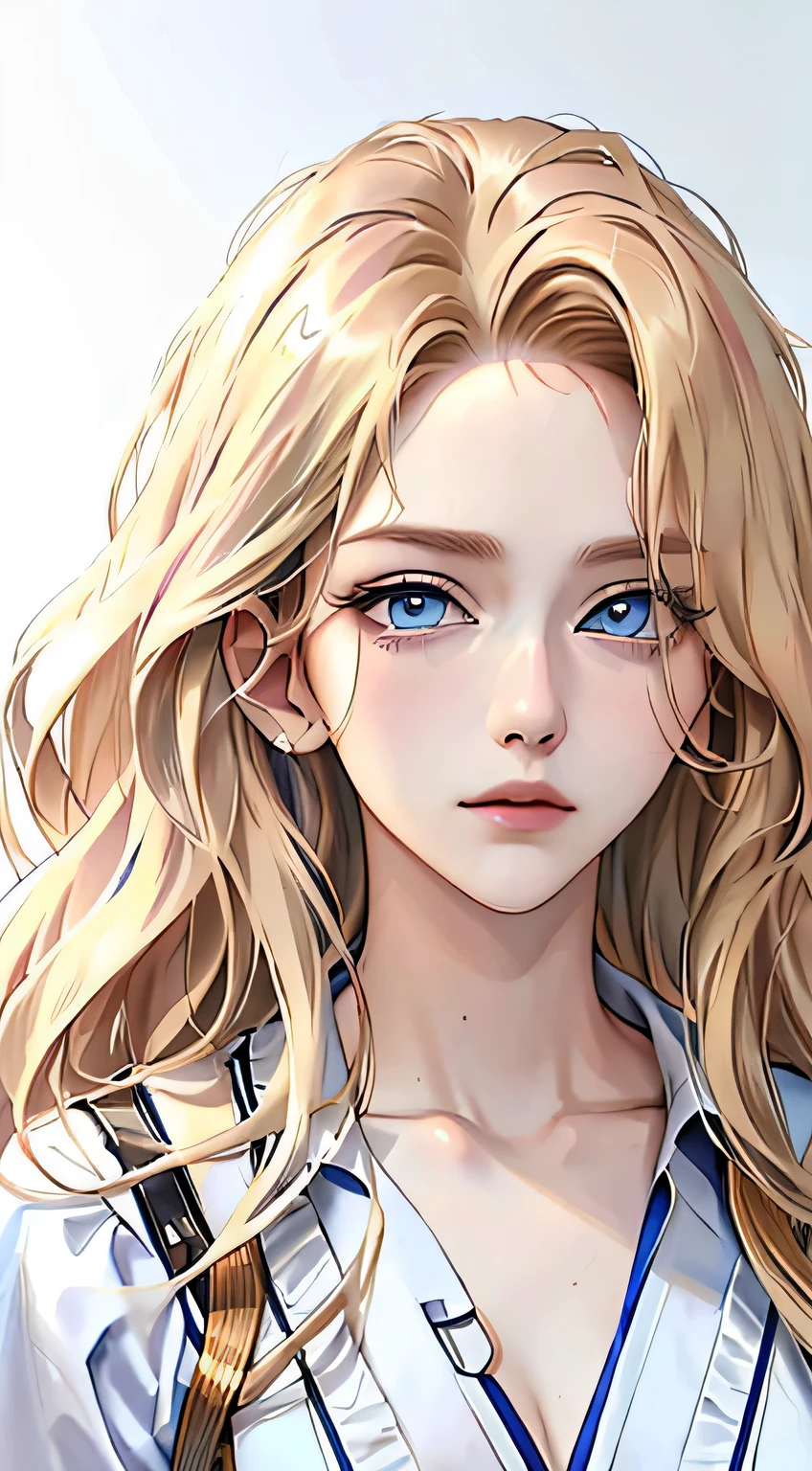 Woman, ((blonde hair, Wavy hair, wild hair, long hair, Blue eyes)), serious look, Serious expression on his face, medical gown, White shirt, portrait, half of the body, aura of calm, makeup, anime style, (beautiful eyes, Detailed eyes, half-closed eyes)