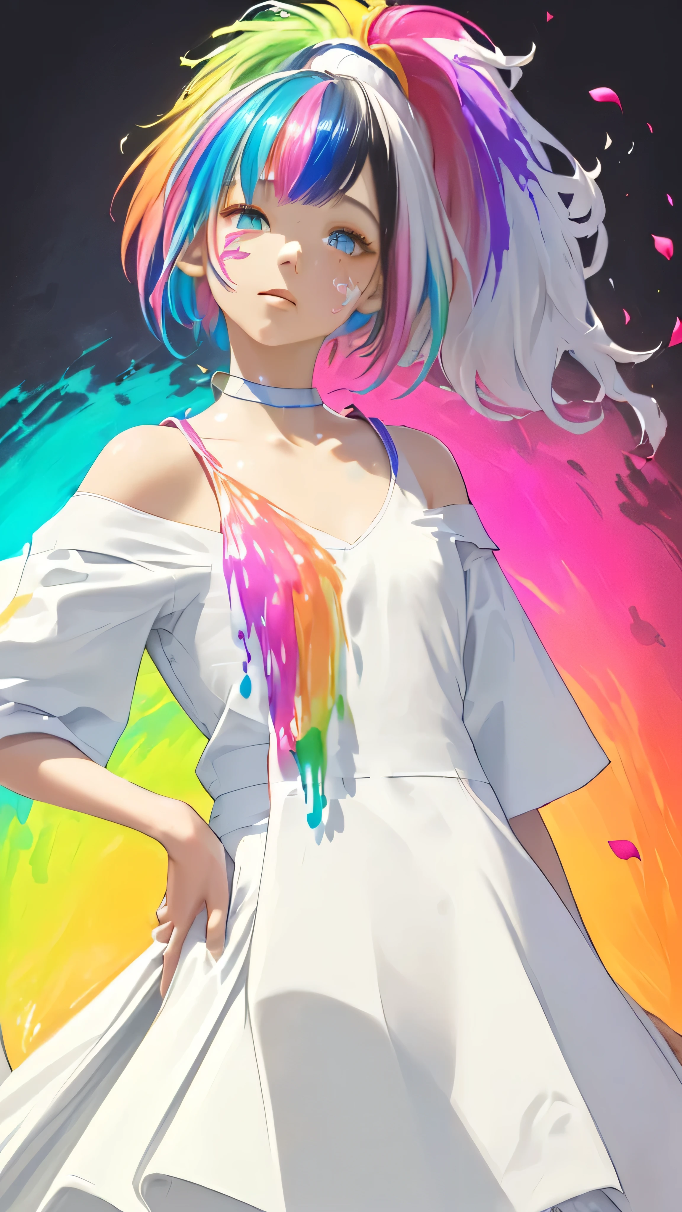 （Pink Fashion T-Shirt：1.9），(Colorful hair: 1.8), (All the colors of the rainbow: 1.8),(((((vertical painting：1.6))), （painting：1.6），front, comics, figures, paintings, Big eyes, Clear eyes,（ Rainbow gradient high ponytail：1.7）, Exquisite makeup, Mouth closed,(Small Fresh: 1.5),(Wipe the chest: 1.6) ，Long eyelashes, White off-the-shoulder T-shirt,  White shoulder shirt，Looking at the audience, Big teary eyes, (Rainbow Hair：1.6), Color splash, （alone：1.8）, Color splash, An explosion of colors, thick paint style, Messy Lines, ((The Shining))，(colorful), (colorful), (colorful), colorful, Thick paint Style, (splash) (Color splash), Vertical painting, Upper Body, paint splash, Acrylic Pigments, Slope, paint, Best image quality, highest quality, masterpiece, alone, Depth of written boundary, Face paint,  colorful clothes, (elegant: 1.2), nice,Long Hair, Wind, (elegant: 1.3), (petal: 1.4)，(((masterpiece))),(((highest quality))),((Super detailed)),(figure),(Dynamic Angle),((floating)),(paint),((Disheveled Hair)),(alone),(One girl) , (((Detailed anima face))),((Beautifully detailed face)),collar,Exposing shoulders,Gray Hair, ((colorful hair)),((Striped Hair)),Beautiful fine details,(Slope color eyes),(((colorful eyes))),(((colorful background))),(((High chroma))),(((surrounded by colorful splashes))), 


