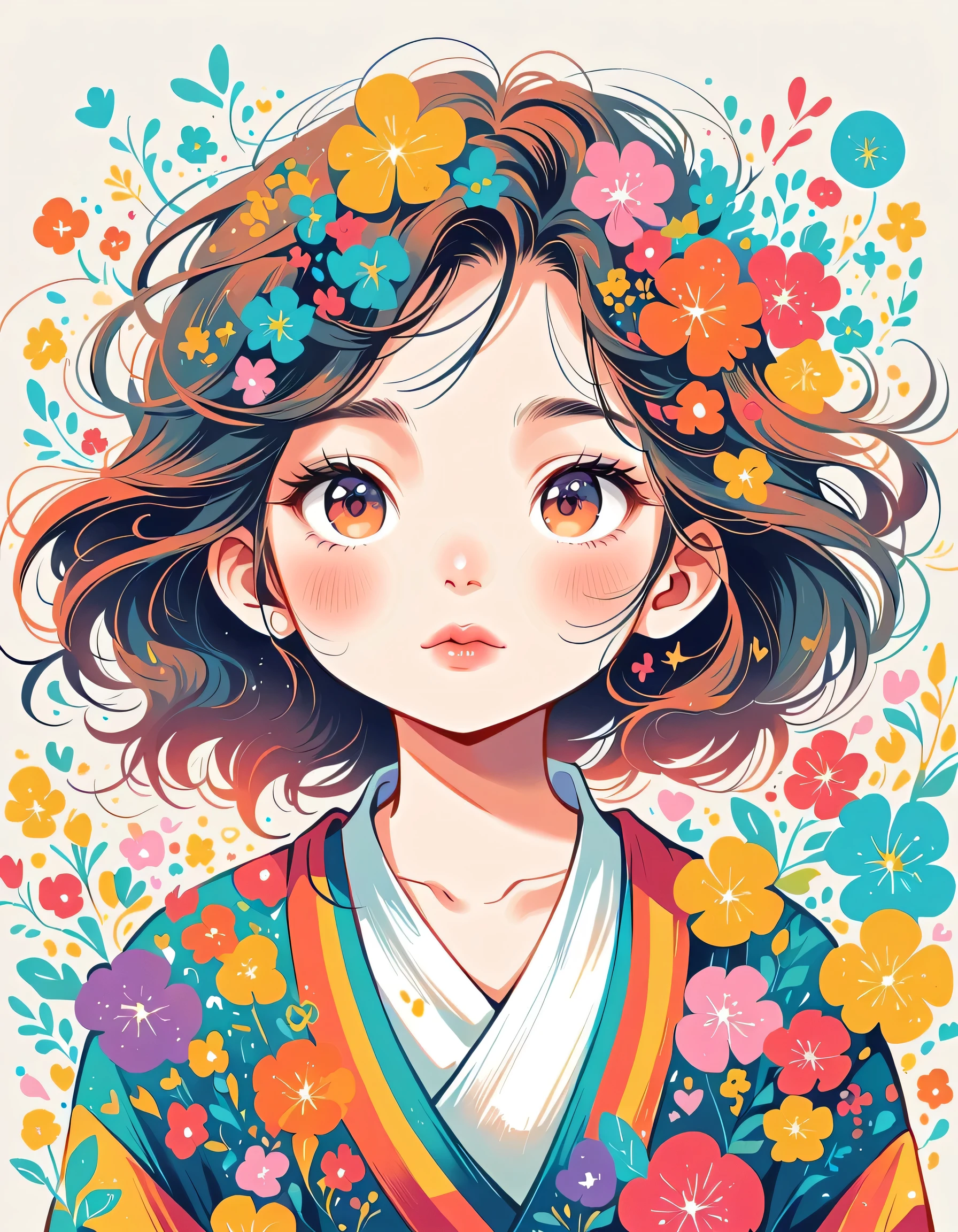 Watase Seizo style, Standing in front of a high wall,Simple Line Initialism,Abstract art,Urban Background, (((The most beautiful girl))), Lips in Love, colorful flowers