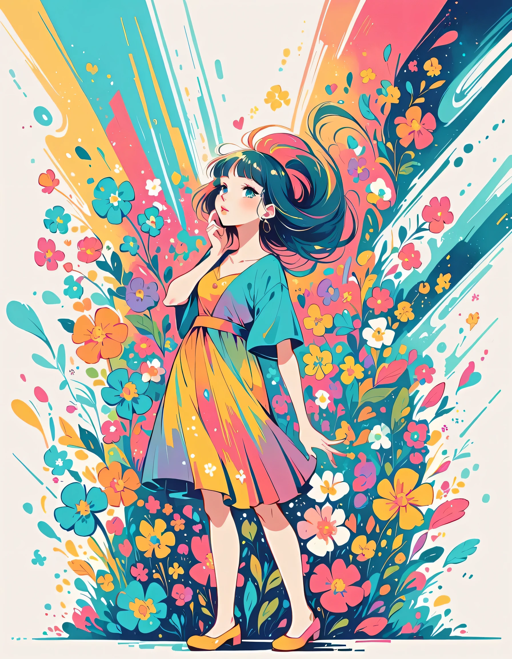 Watase Seizo style, Standing in front of a high wall,Simple Line Initialism,Abstract art,Urban Background, (((The most beautiful girl))), Lips in Love, colorful flowers