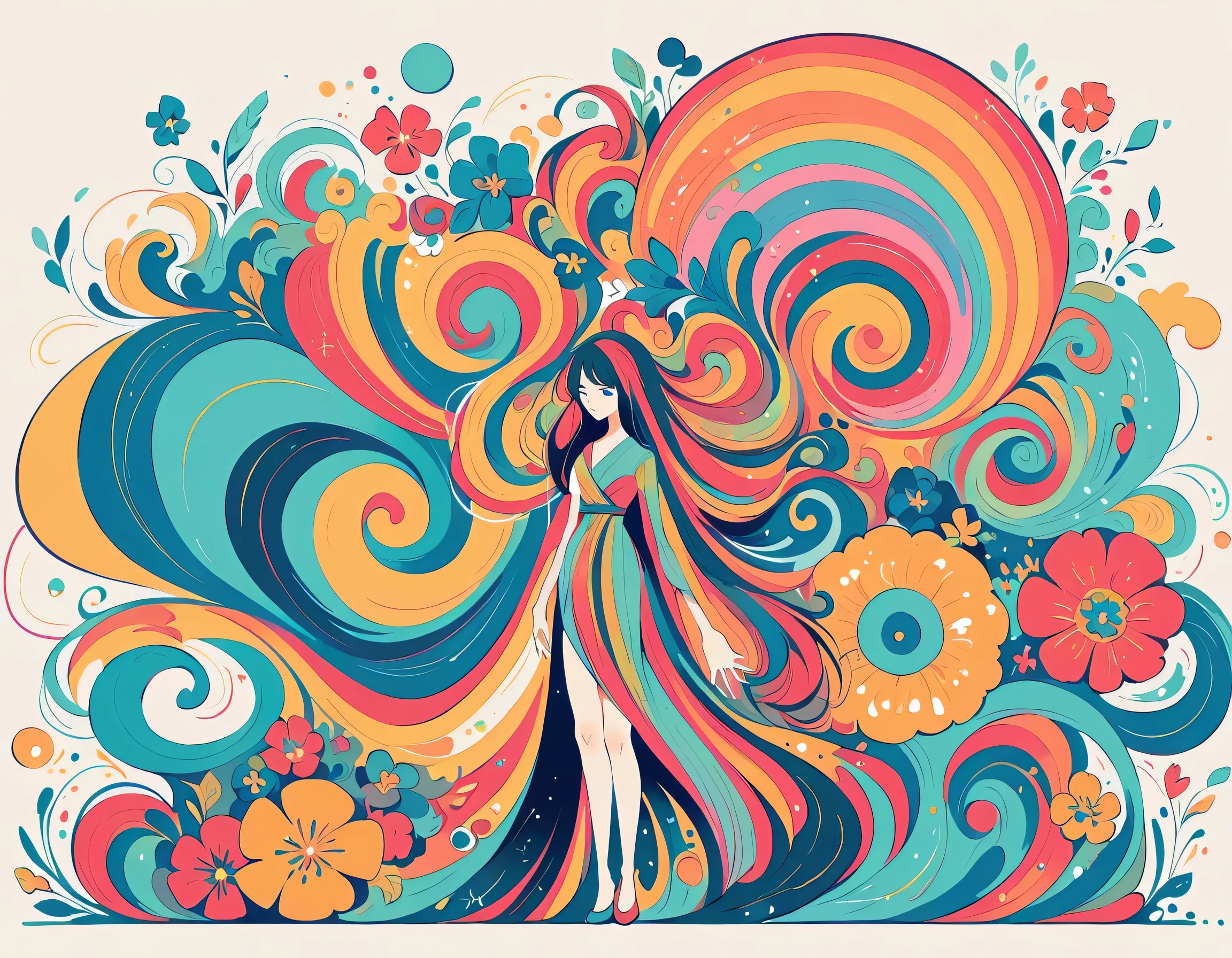 Mai Yoneyama style, Standing in front of a high wall,Simple Line Initialism,Abstract art,Urban Background, (((The most beautiful girl))), colorful flowers