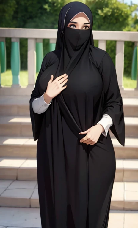 standing, solo, 1girl, mature female, hijab, short girl, long hijab, full hijab, fat girl, fat body, beautiful face, cute face, sideboob, large breasts, thigh legs, areola slip, cleavage, leaning forward, huge breasts, curvy, fat, arms down, looking at viewer, blush, parted lips, light smile, long black hair, black colour hair,