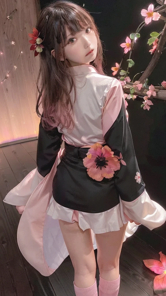 ,(masterpiece:1.2, high quality), (Pixiv:1.4),A colorful world,
One girl, flower, Long Hair, alone,  butterfly, Gray Hair, bug, bird, hair ornaments, Wide sleeves, skirt, socks, white socks, whole body, or, very Long Hair, hair flower, Holding, chest, blue skirt, (((Long sleeve, kimono, bangs, Black Background ₎)),  (((wood, pink flower, red flower,night,Backlight₎))