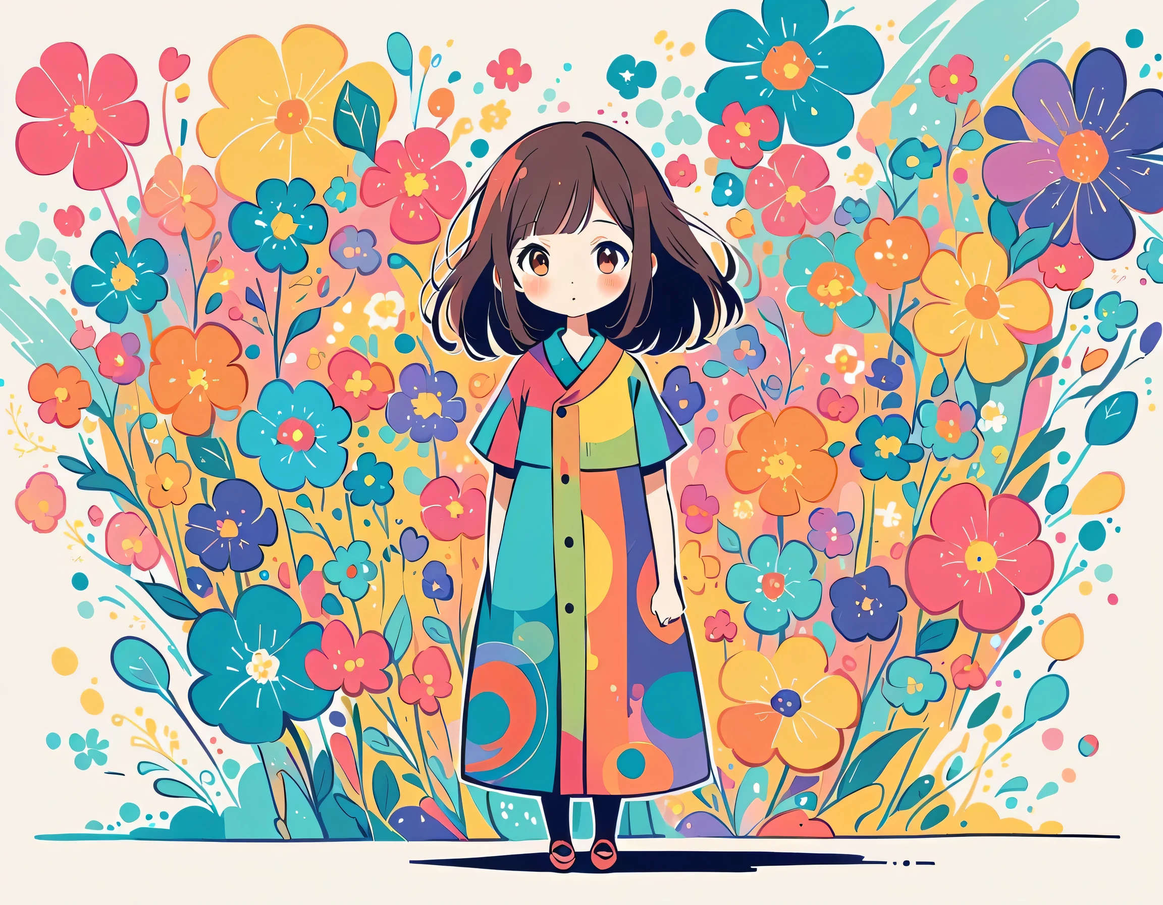 Mai Yoneyama style, Standing in front of a high wall,Simple Line Initialism,Abstract art,Urban Background, (((The most beautiful girl))), colorful flowers