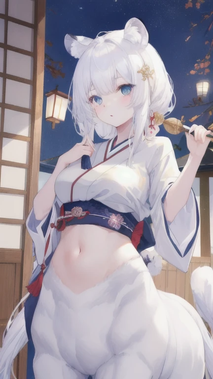 (best quality, masterpiece), 1 girl, centaur, It takes, White skin, Japanese , exposing the abdomen,belly button t-shirt, 아름다운 소녀 perfect white tiger photo, perfect white tiger photo