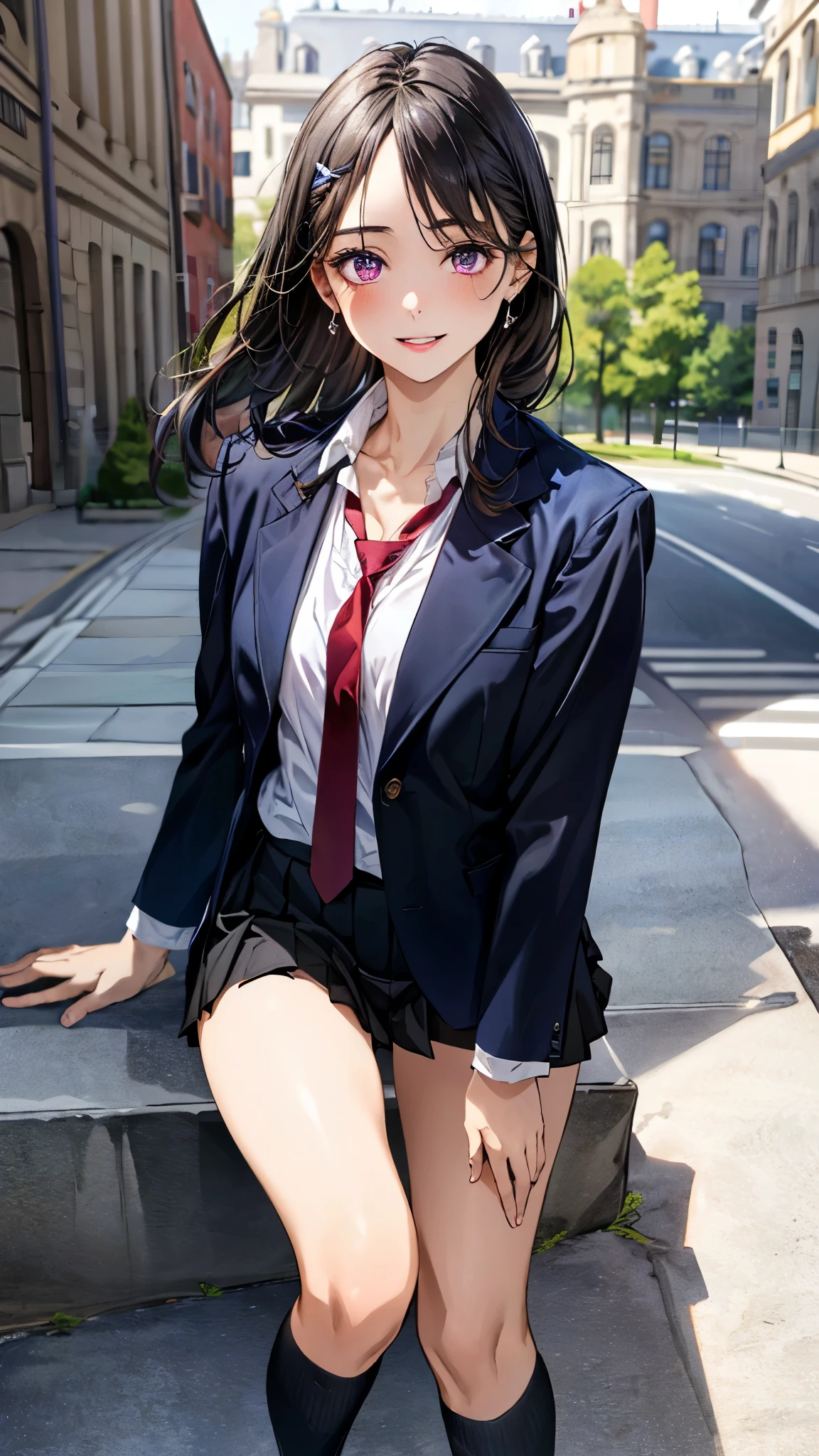 (masterpiece:1.3, top-quality, ultra high res, ultra detailed), (realistic, photorealistic:1.4), beautiful illustration, perfect lighting, natural lighting, colorful, depth of fields, ,
beautiful detailed hair, beautiful detailed face, beautiful detailed eyes, beautiful clavicle, beautiful body, beautiful chest, beautiful thigh, beautiful legs, beautiful fingers, shiny skin,
looking at viewer, 1 girl, high school girl, (perfect anatomy, anatomically correct, super detailed skin), cute and symmetrical face, face, perfect face, perfect eyes,
(long hair, straight hair, black hair), forehead, braided bangs, hairpin, purple eyes, long eyelashes, (medium breasts, seductive thighs), curvy,
(detailed cloth texture), (dark blue blazer, black pleated miniskirt, socks, private school uniform:1.2, dark red necktie), white panties,
(beautiful scenery), daytime, (terrace in 1 building), sexy pose, , (lovely smile, parted lips),