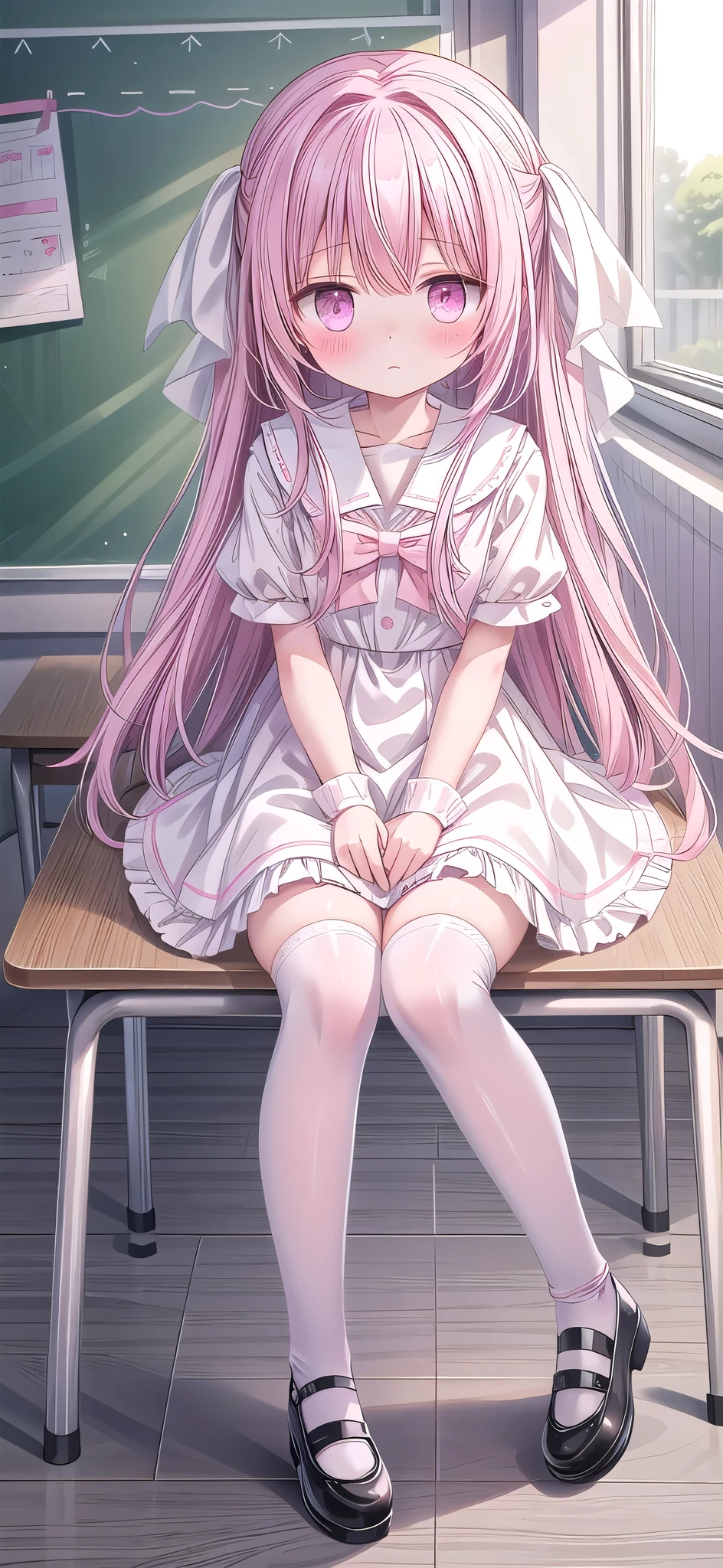 Pink long hair,White Dress,pink eyes,Black Mary Janes,White knee socks,blush shy,classroom scene,eternal, The embarrassment comes from, blush), ,, look away, sit, Awkward, blush, Mouth slightly open, classroom