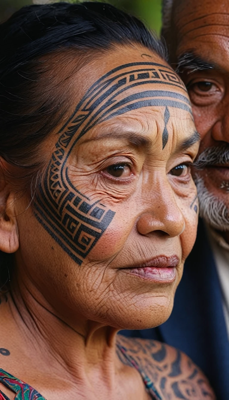 realistic photo, close-up of the face, lots of details, face of an elderly Maori with Maori facial tattoos with younger doughter, shallow depth of field, natural lighting, raw photo, film grain, 8k, uhd, vivid colors