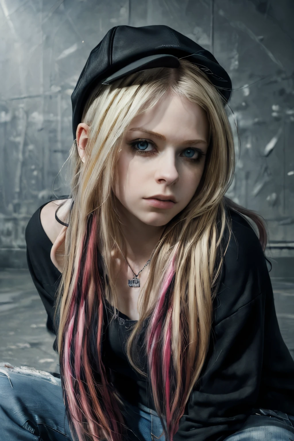 (((masterpiece:1.4))), (highest quality:1.4), (Ultra-high resolution:1.4), (best quality:1.2), (ultra detail:1.3), Avril Lavigne, Sitting, Oversized black hoodie, jeans, Wearing the cap sideways, The background is a dark cityscape, Masterpiece, Committed to ultra-high definition and vivid colors, Super detailed, Attention to detail, highest quality, 8K, 16K, Exquisite detail, A style that combines romanticism and realism, High resolution, Perfect Anatomy, 