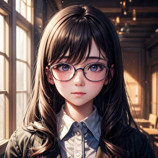 (highest quality, masterpiece), One girl, Speckled sunlight, indoor, Glasses, shy, 1 girl, Young girl, (It gives me goosebumps:0.7), Beautiful Face, (eyeliner, lipstick:0.9), 4K, 8k, 超High resolution, High resolution, detailed background, background